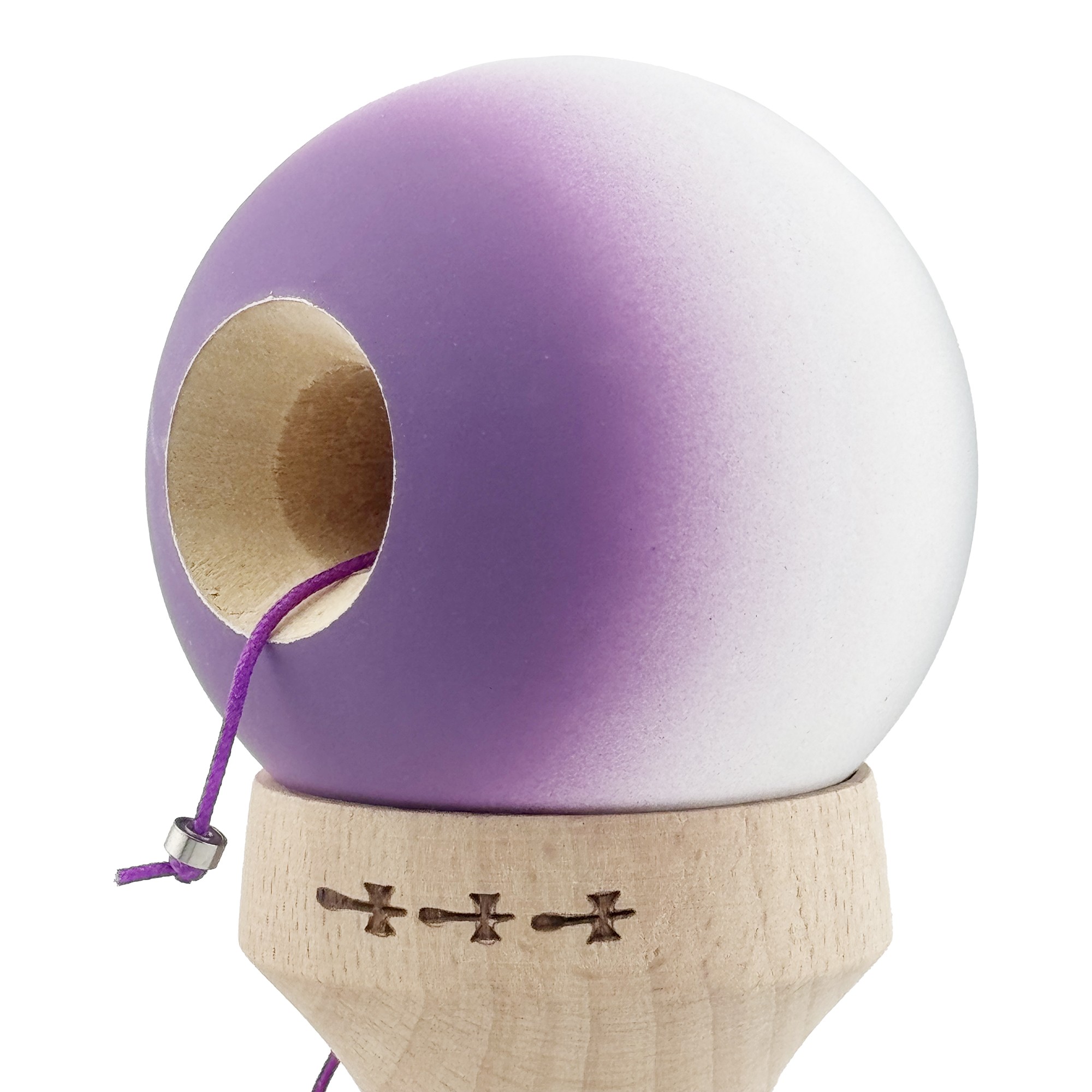 Kendama X Originala, Profesionala, Flippy, Rubber Grip, Cupe Mari KING SIZE V3, Gaura in Baza, Rulment Metalic, din lemn 18 cm, Ata 62/65 cm, Gradient Gri/Alb/Mov