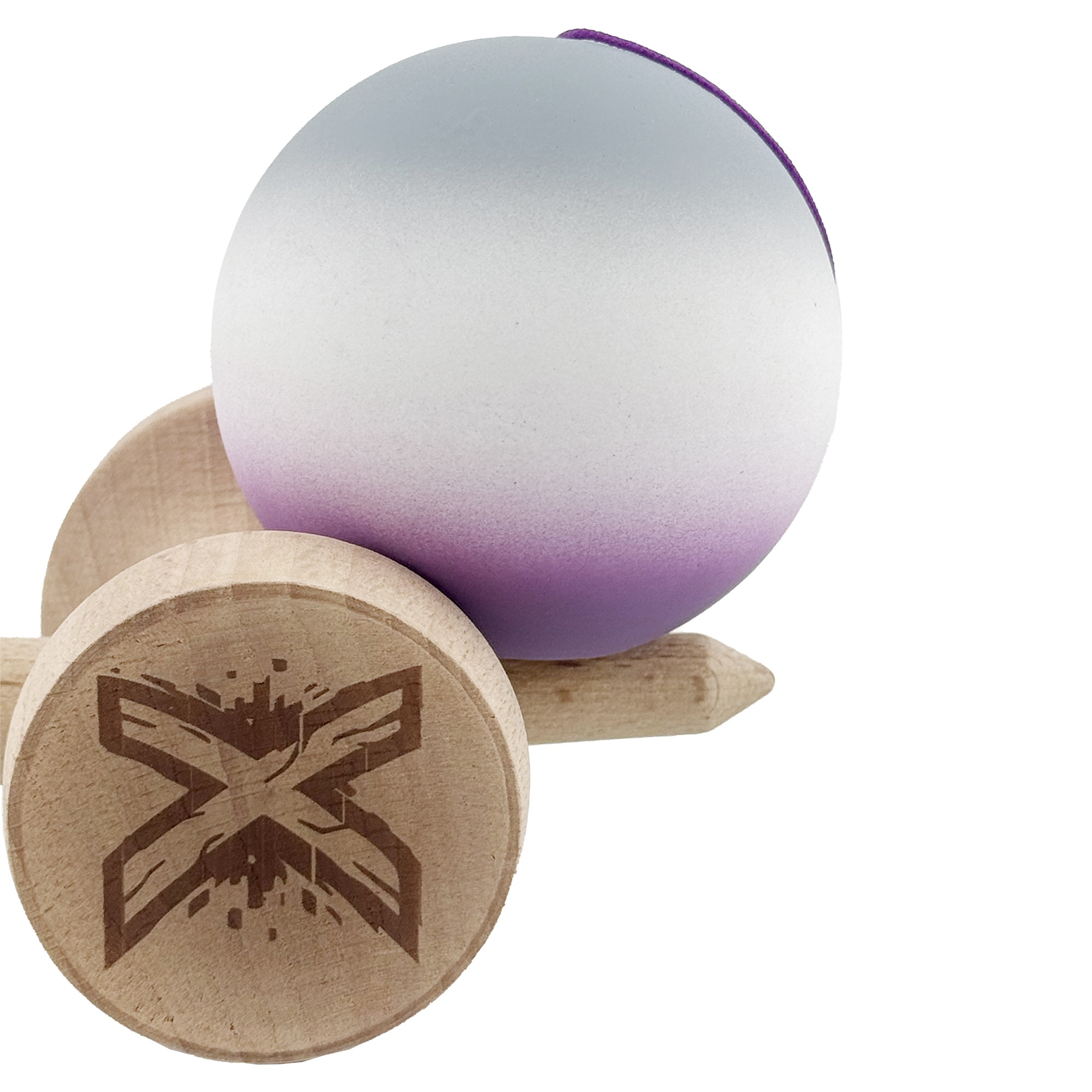 Kendama X Originala, Profesionala, Flippy, Rubber Grip, Cupe Mari KING SIZE V3, Gaura in Baza, Rulment Metalic, din lemn 18 cm, Ata 62/65 cm, Gradient Gri/Alb/Mov