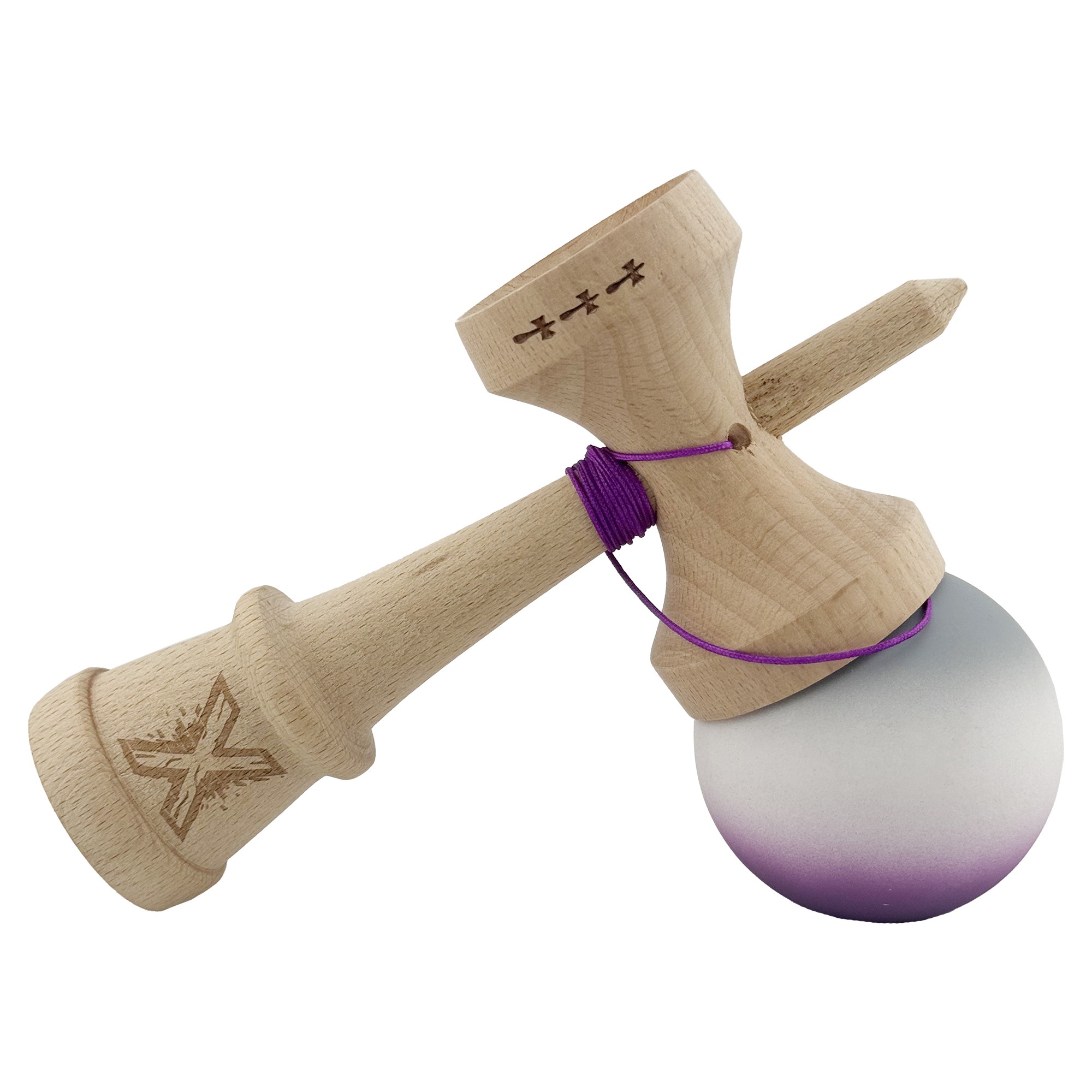 Kendama X Originala, Profesionala, Flippy, Rubber Grip, Cupe Mari KING SIZE V3, Gaura in Baza, Rulment Metalic, din lemn 18 cm, Ata 62/65 cm, Gradient Gri/Alb/Mov