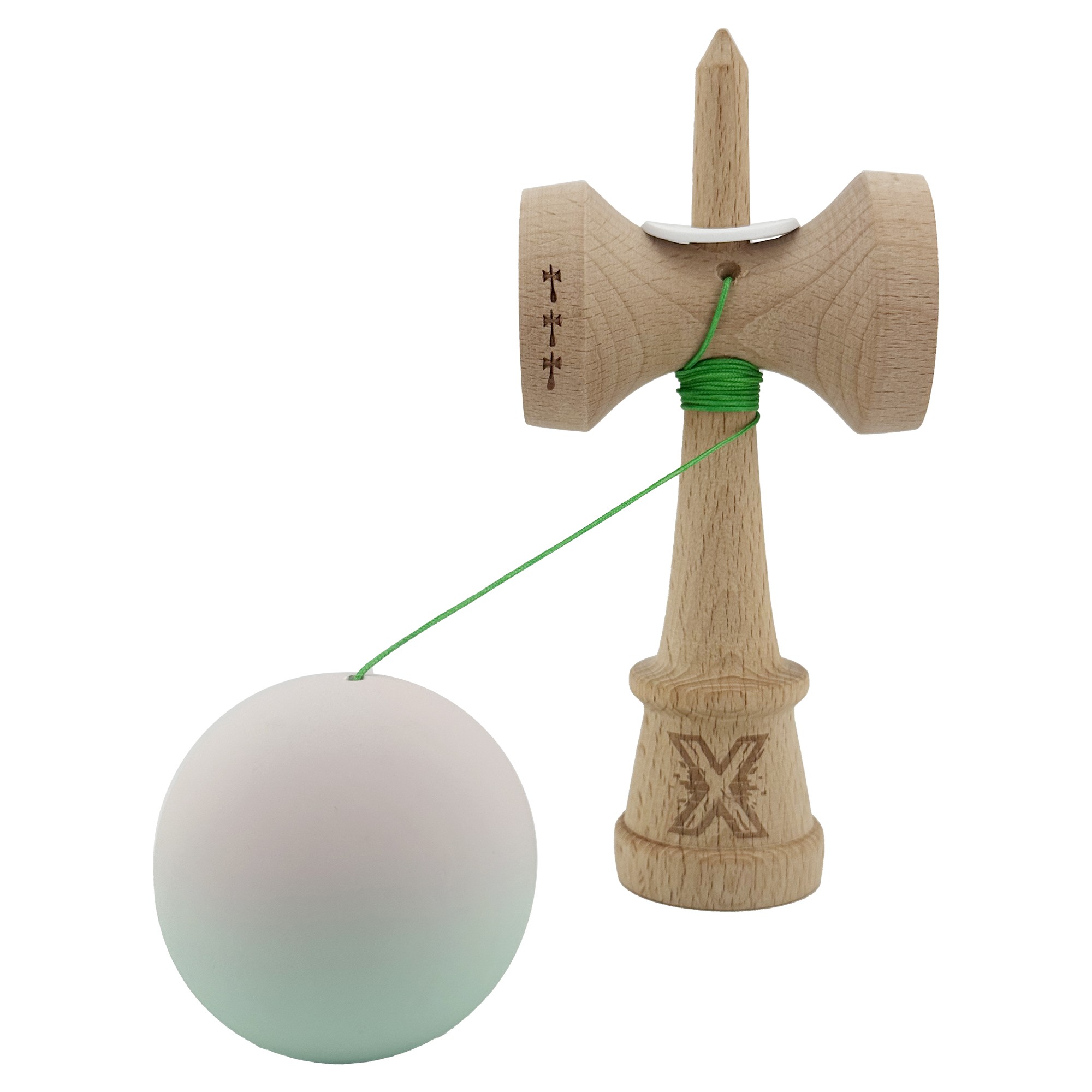 Kendama X Originala, Profesionala, Flippy, Rubber Grip, Cupe Mari KING SIZE V3, Gaura in Baza, Rulment Metalic, din lemn 18 cm, Ata 62/65 cm, Gradient Roz/Verde