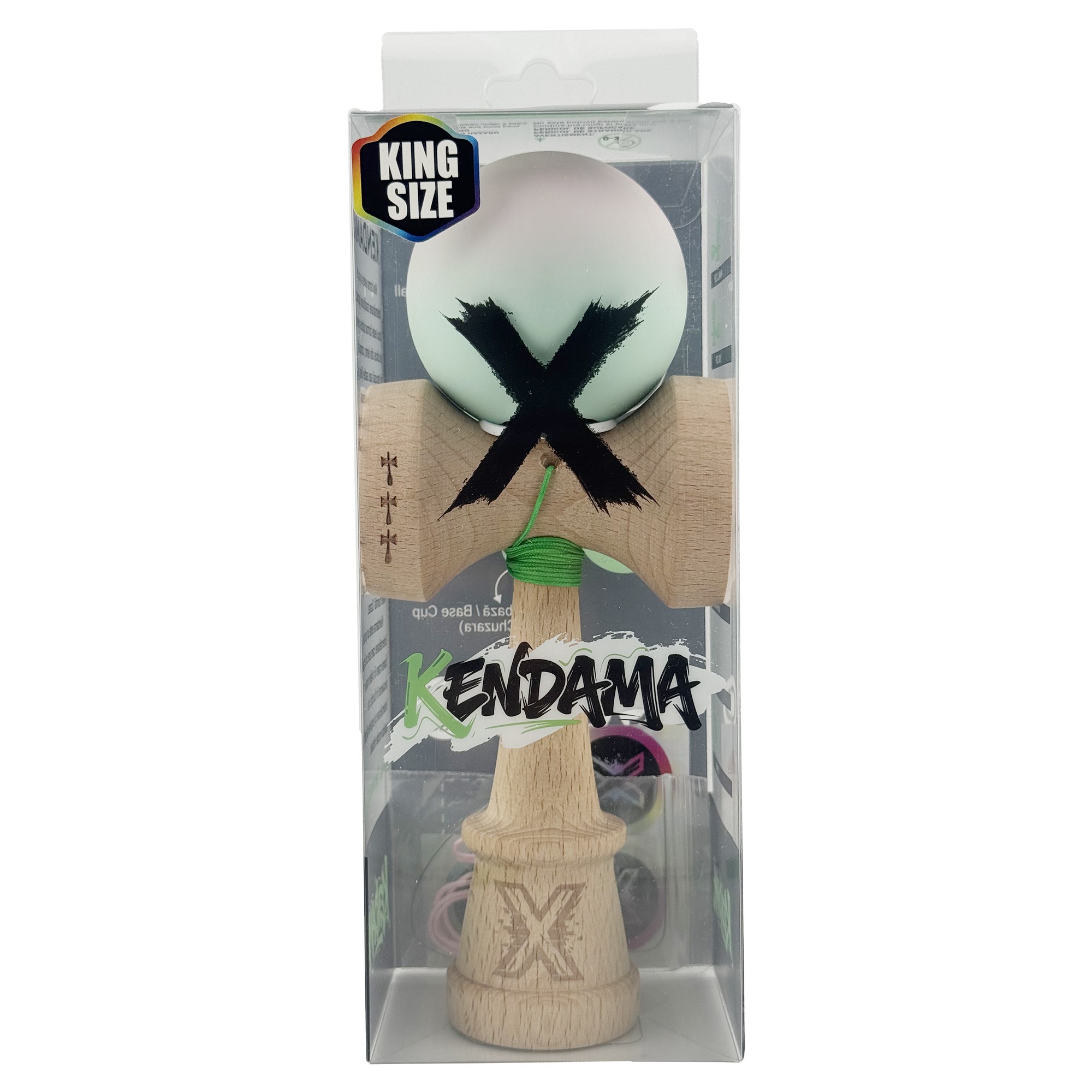 Kendama X Originala, Profesionala, Flippy, Rubber Grip, Cupe Mari KING SIZE V3, Gaura in Baza, Rulment Metalic, din lemn 18 cm, Ata 62/65 cm, Gradient Roz/Verde