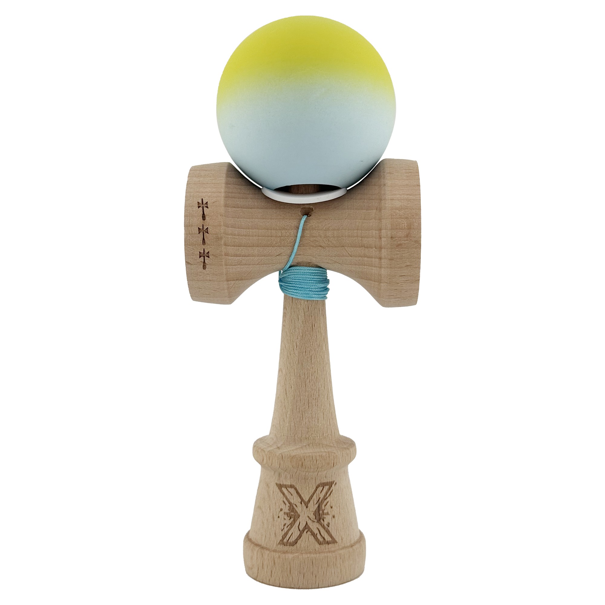 Kendama X Originala, Profesionala, Flippy, Rubber Grip, Cupe Mari KING SIZE V3, Gaura in Baza, Rulment Metalic, din lemn 18 cm, Ata 62/65 cm, Gradient Galben/Verde deschis