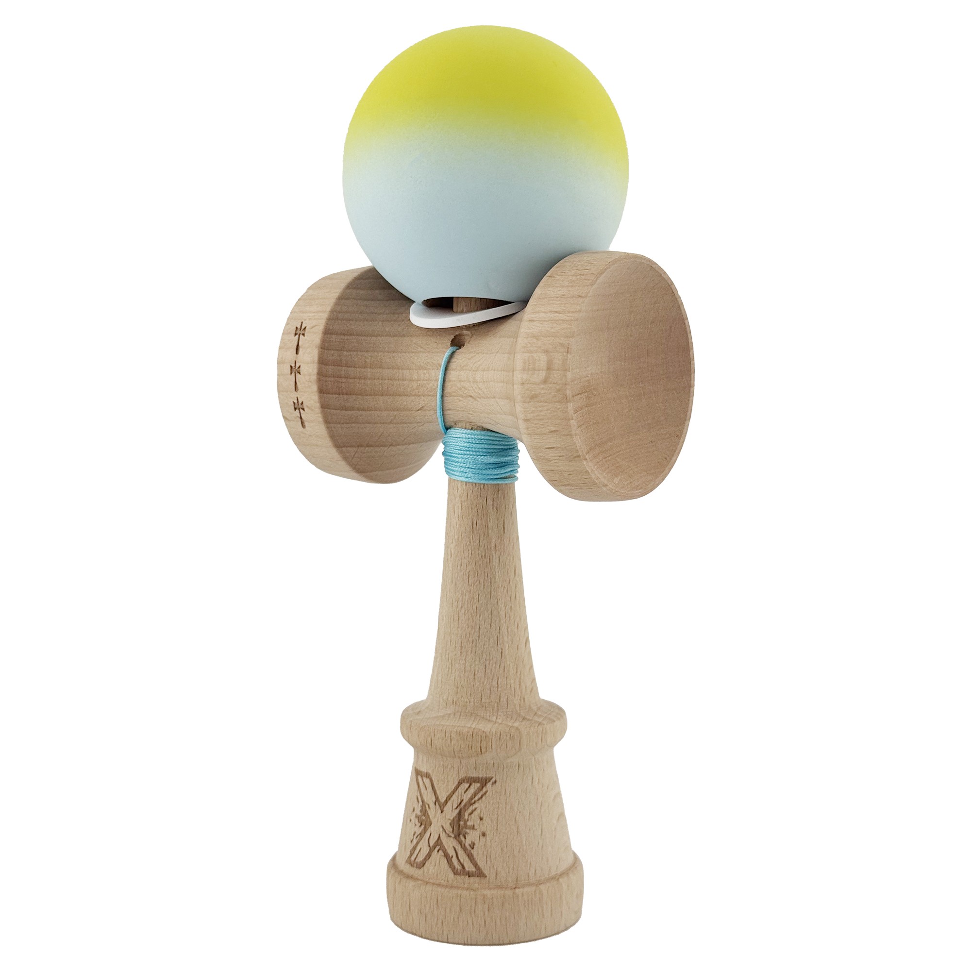 Kendama X Originala, Profesionala, Flippy, Rubber Grip, Cupe Mari KING SIZE V3, Gaura in Baza, Rulment Metalic, din lemn 18 cm, Ata 62/65 cm, Gradient Galben/Verde deschis