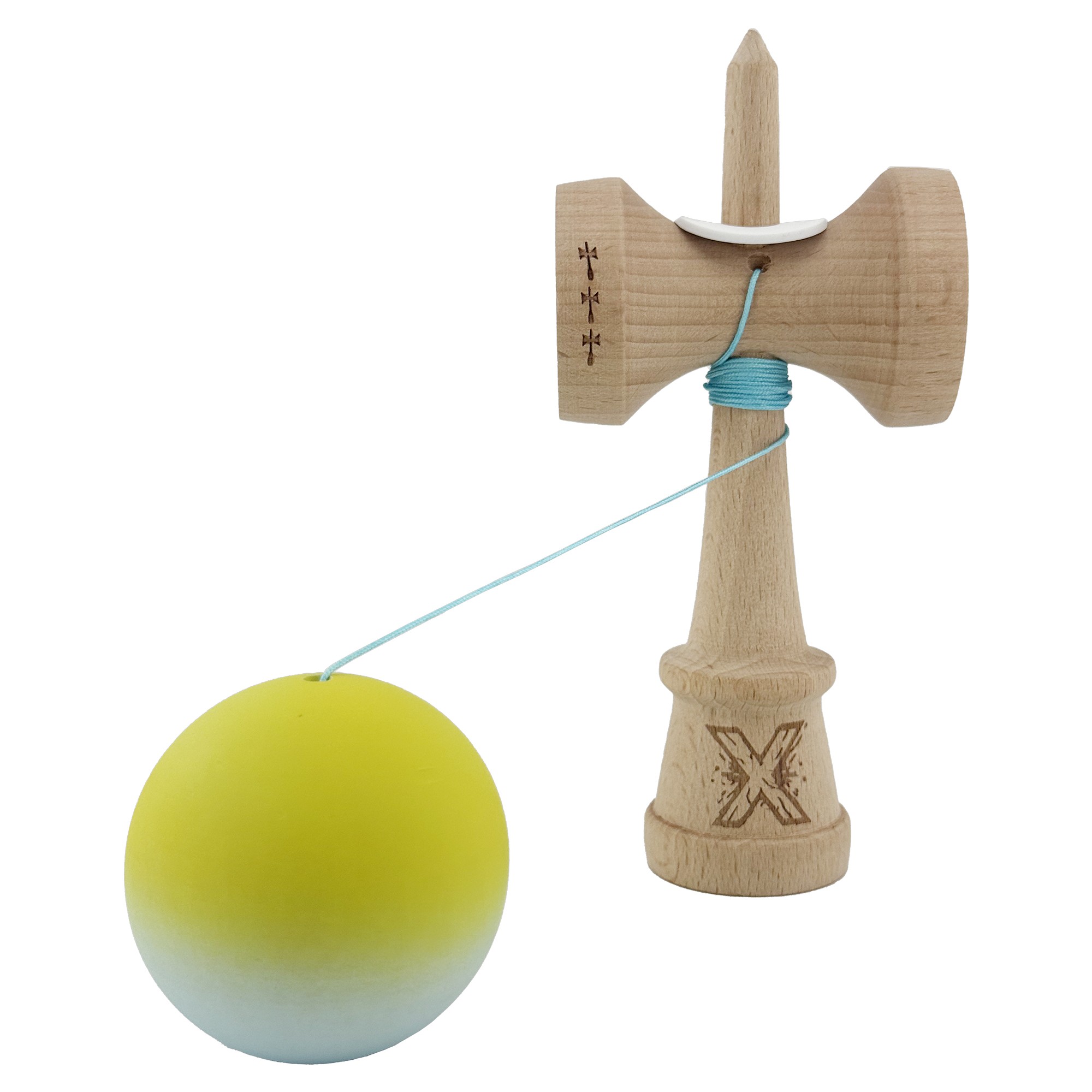 Kendama X Originala, Profesionala, Flippy, Rubber Grip, Cupe Mari KING SIZE V3, Gaura in Baza, Rulment Metalic, din lemn 18 cm, Ata 62/65 cm, Gradient Galben/Verde deschis