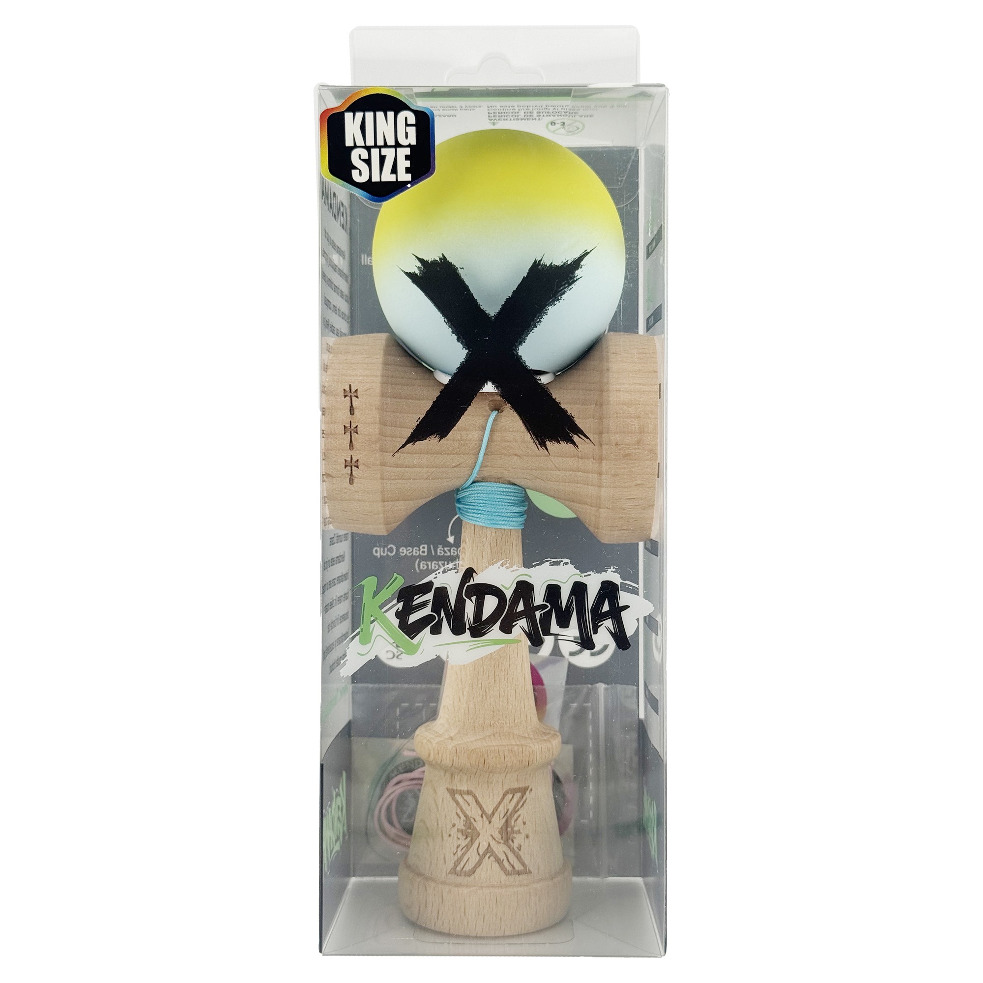 Kendama X Originala, Profesionala, Flippy, Rubber Grip, Cupe Mari KING SIZE V3, Gaura in Baza, Rulment Metalic, din lemn 18 cm, Ata 62/65 cm, Gradient Galben/Verde deschis