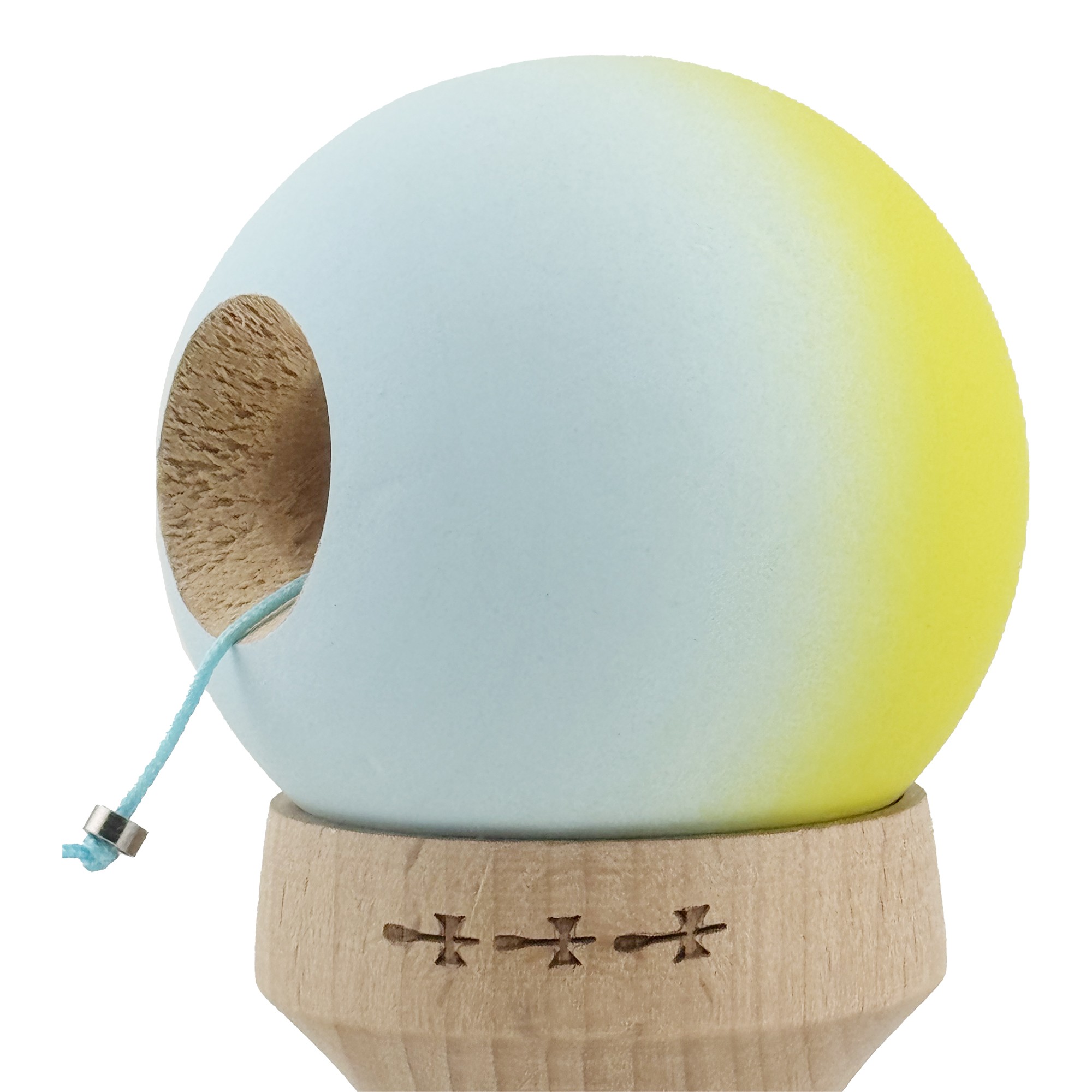 Kendama X Originala, Profesionala, Flippy, Rubber Grip, Cupe Mari KING SIZE V3, Gaura in Baza, Rulment Metalic, din lemn 18 cm, Ata 62/65 cm, Gradient Galben/Verde deschis