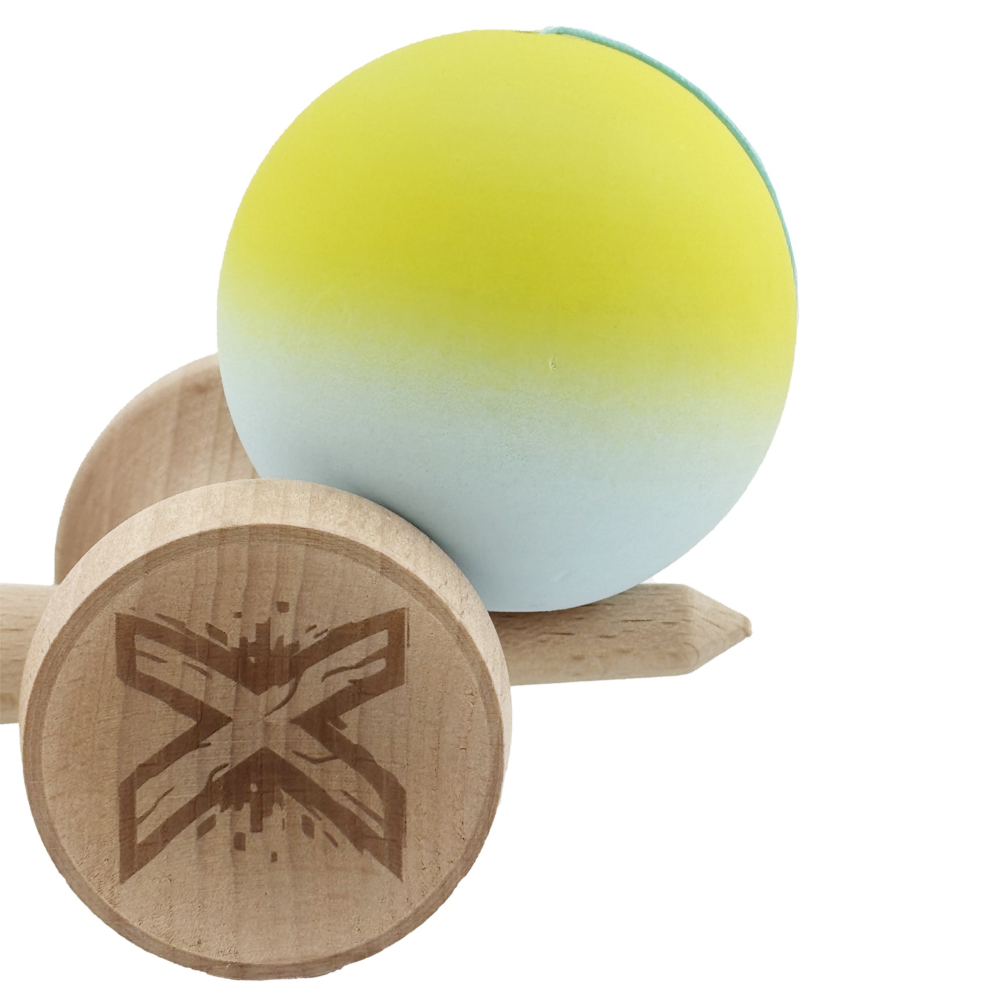 Kendama X Originala, Profesionala, Flippy, Rubber Grip, Cupe Mari KING SIZE V3, Gaura in Baza, Rulment Metalic, din lemn 18 cm, Ata 62/65 cm, Gradient Galben/Verde deschis