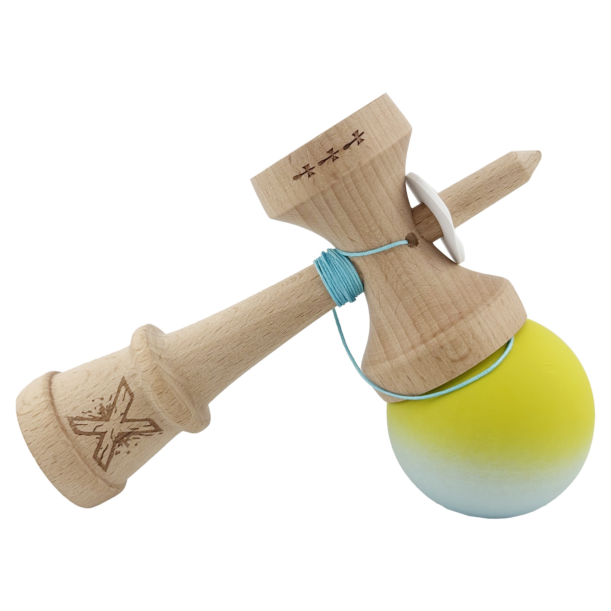 Kendama X Originala, Profesionala, Flippy, Rubber Grip, Cupe Mari KING SIZE V3, Gaura in Baza, Rulment Metalic, din lemn 18 cm, Ata 62/65 cm, Gradient Galben/Verde deschis