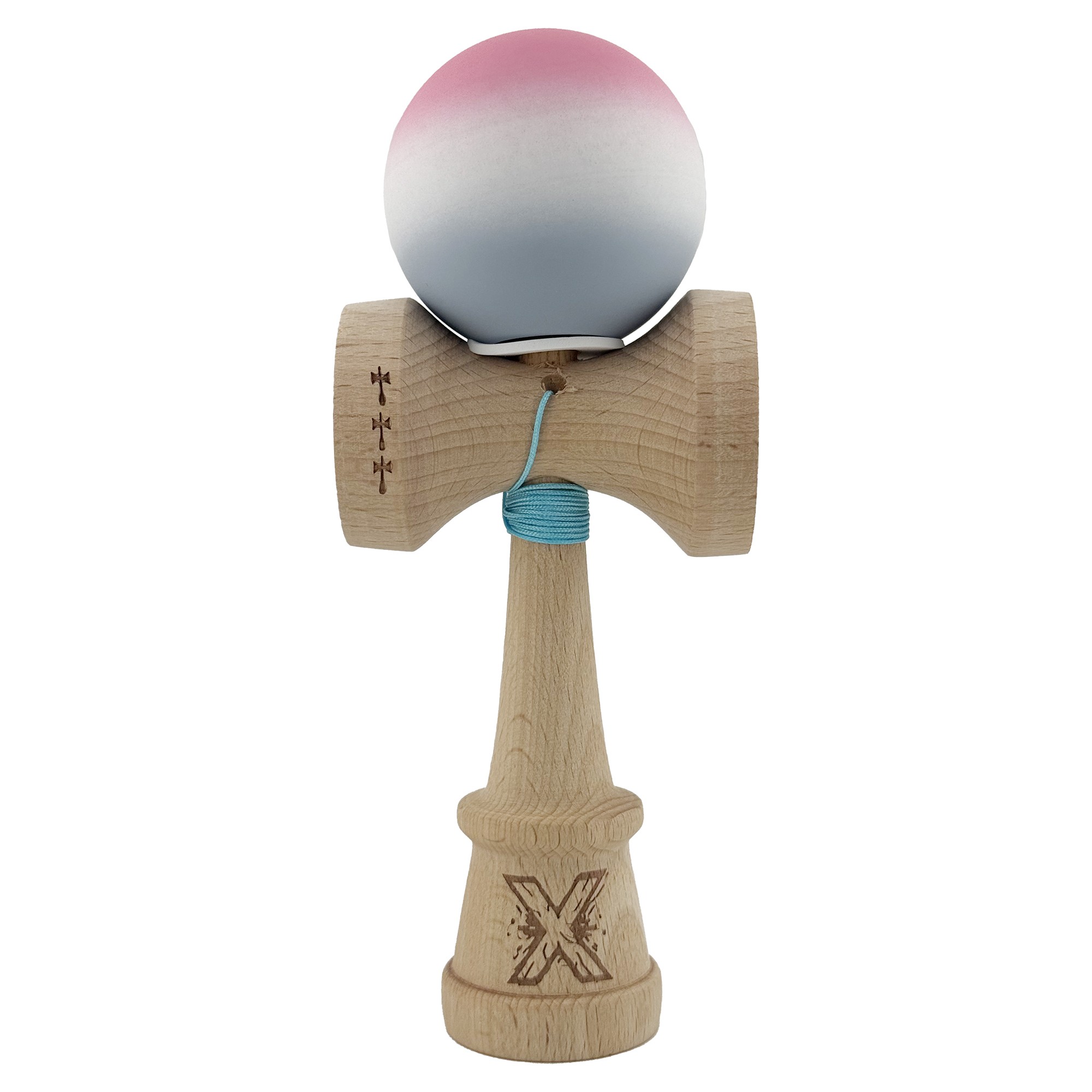 Kendama X Originala, Profesionala, Flippy, Rubber Grip, Cupe Mari KING SIZE V3, Gaura in Baza, Rulment Metalic, din lemn 18 cm, Ata 62/65 cm, Gradient Roz/Alb/Gri