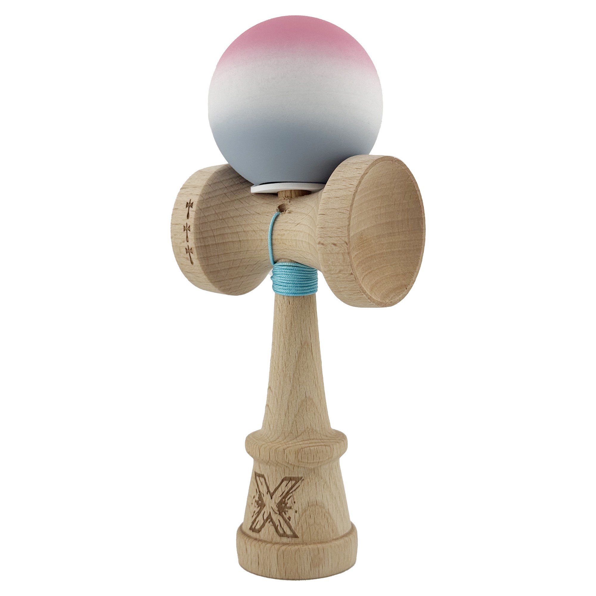 Kendama X Originala, Profesionala, Flippy, Rubber Grip, Cupe Mari KING SIZE V3, Gaura in Baza, Rulment Metalic, din lemn 18 cm, Ata 62/65 cm, Gradient Roz/Alb/Gri