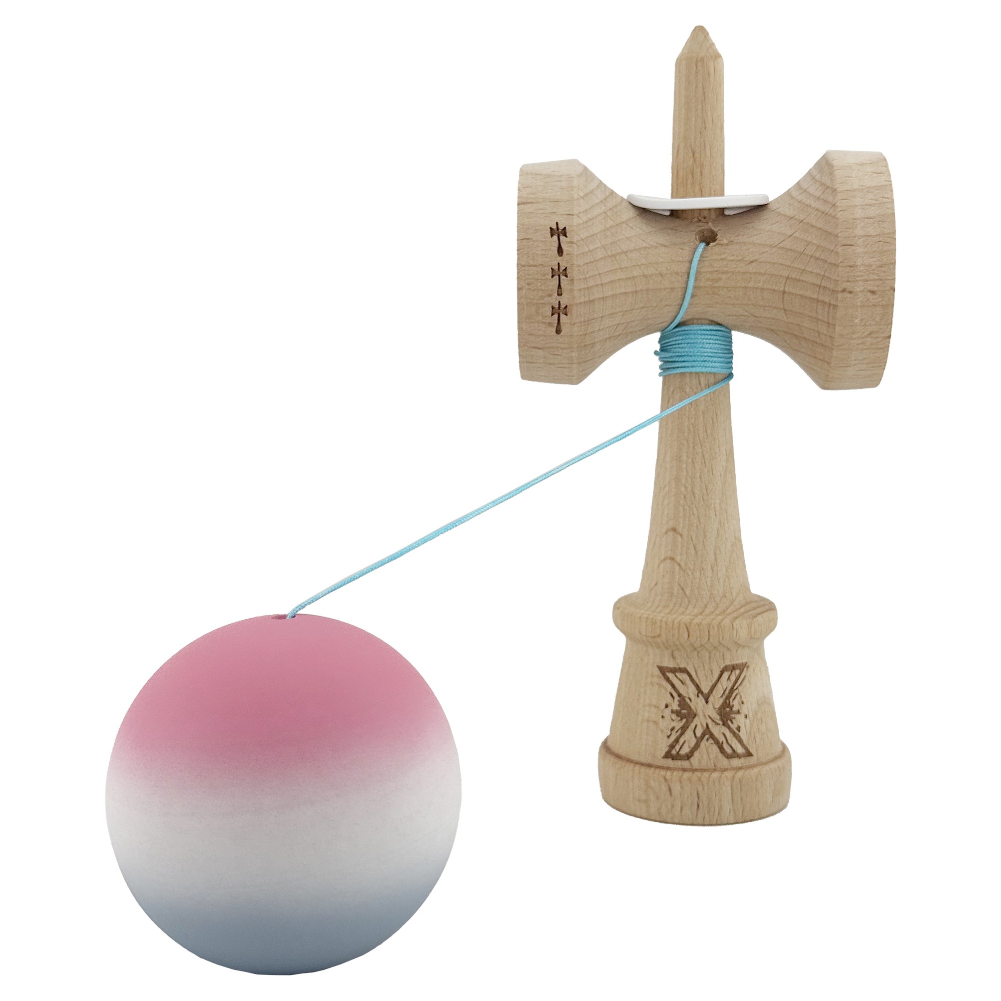 Kendama X Originala, Profesionala, Flippy, Rubber Grip, Cupe Mari KING SIZE V3, Gaura in Baza, Rulment Metalic, din lemn 18 cm, Ata 62/65 cm, Gradient Roz/Alb/Gri