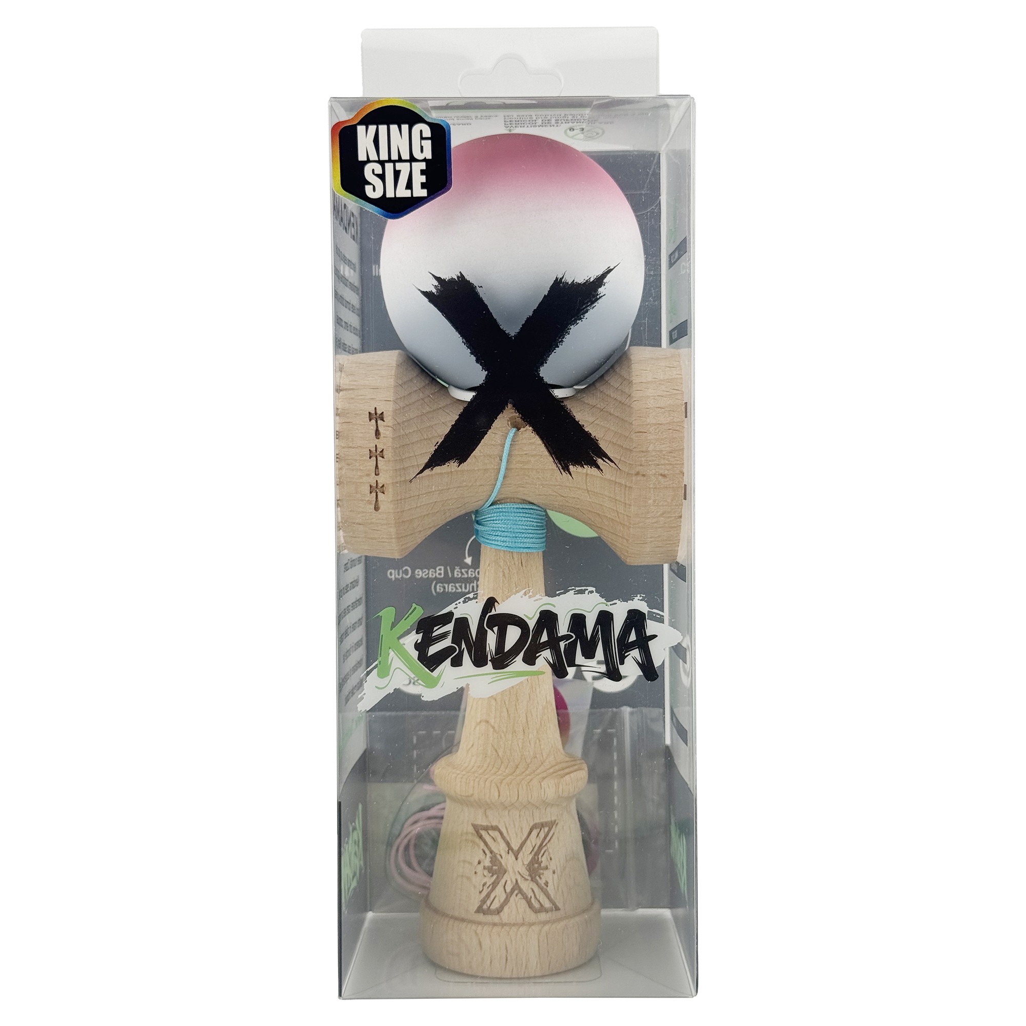 Kendama X Originala, Profesionala, Flippy, Rubber Grip, Cupe Mari KING SIZE V3, Gaura in Baza, Rulment Metalic, din lemn 18 cm, Ata 62/65 cm, Gradient Roz/Alb/Gri