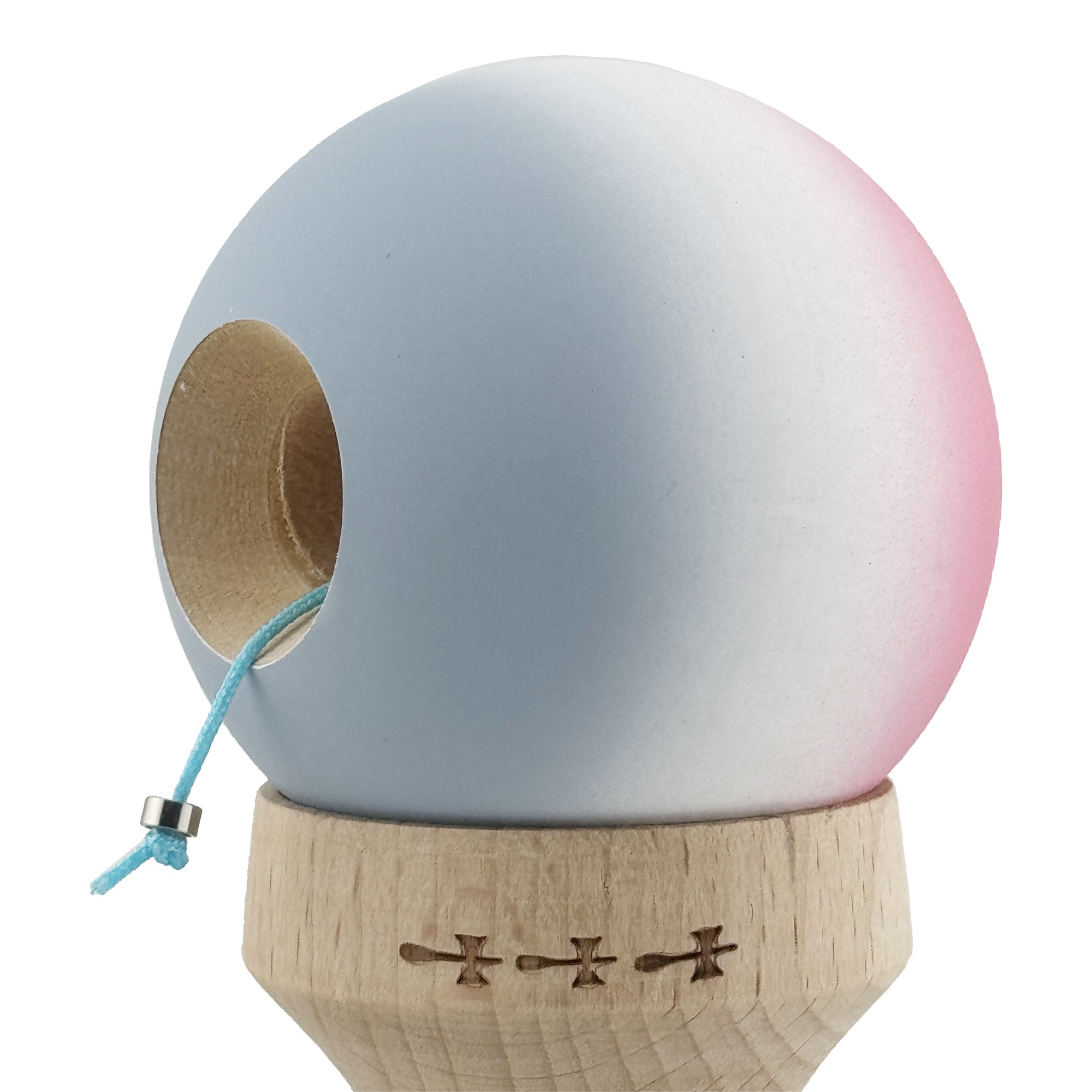 Kendama X Originala, Profesionala, Flippy, Rubber Grip, Cupe Mari KING SIZE V3, Gaura in Baza, Rulment Metalic, din lemn 18 cm, Ata 62/65 cm, Gradient Roz/Alb/Gri