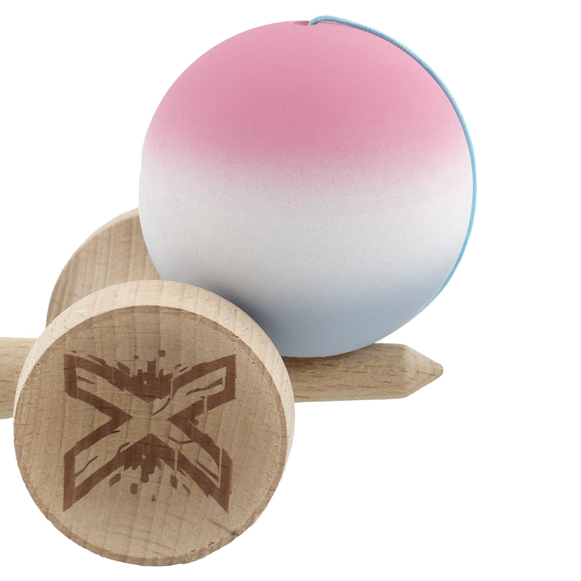 Kendama X Originala, Profesionala, Flippy, Rubber Grip, Cupe Mari KING SIZE V3, Gaura in Baza, Rulment Metalic, din lemn 18 cm, Ata 62/65 cm, Gradient Roz/Alb/Gri