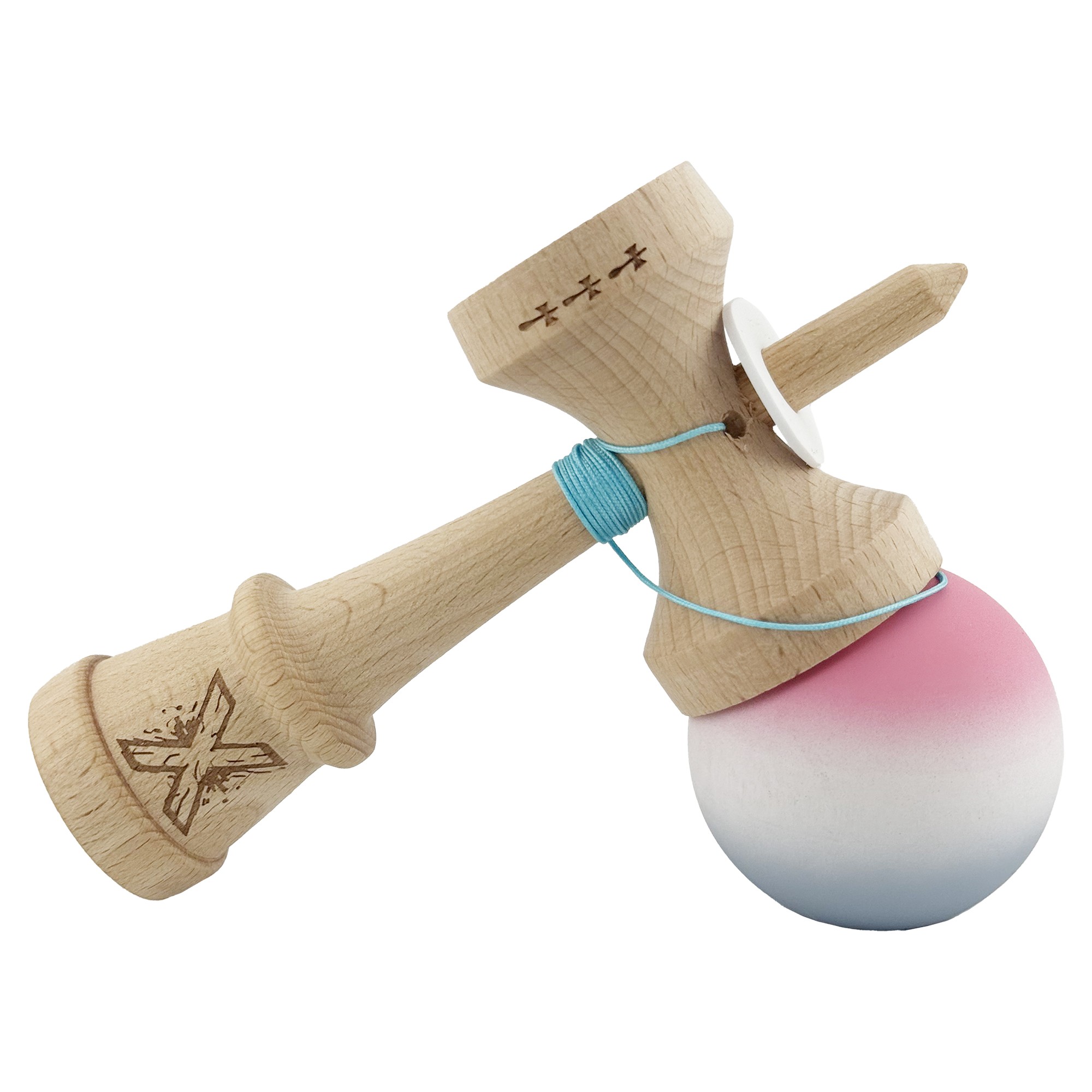 Kendama X Originala, Profesionala, Flippy, Rubber Grip, Cupe Mari KING SIZE V3, Gaura in Baza, Rulment Metalic, din lemn 18 cm, Ata 62/65 cm, Gradient Roz/Alb/Gri