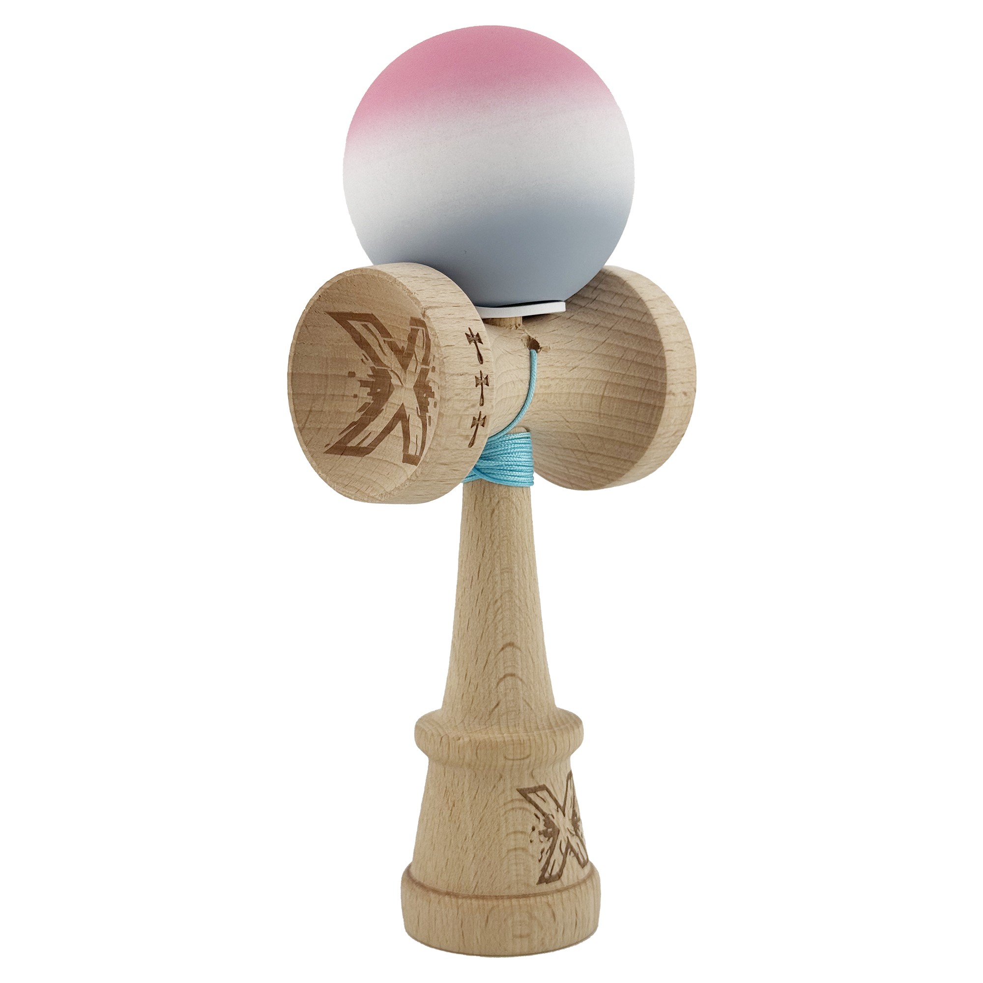 Kendama X Originala, Profesionala, Flippy, Rubber Grip, Cupe Mari KING SIZE V3, Gaura in Baza, Rulment Metalic, din lemn 18 cm, Ata 62/65 cm, Gradient Roz/Alb/Gri