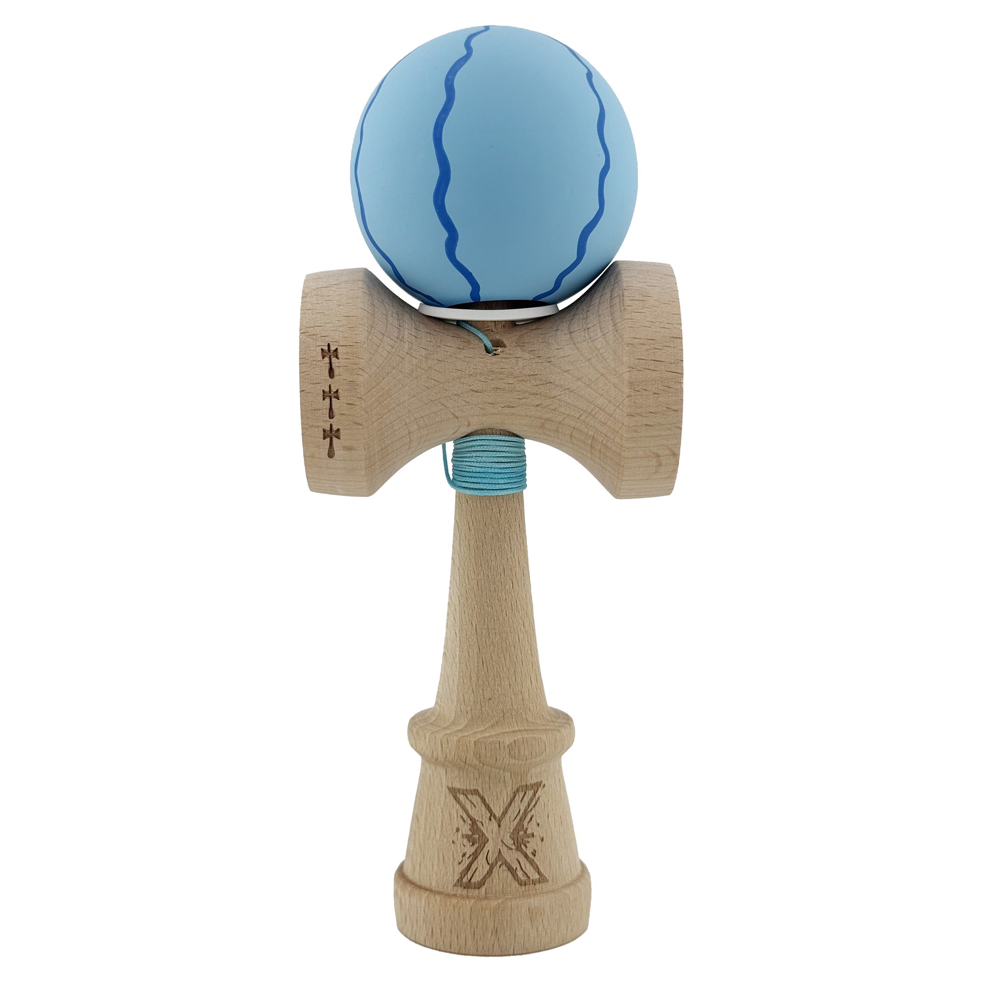Kendama X Originala, Profesionala, Flippy, Rubber Grip, Cupe Mari KING SIZE V3, Gaura in Baza, Rulment Metalic, din lemn 18 cm, Ata 62/65 cm, Special Albastru deschis
