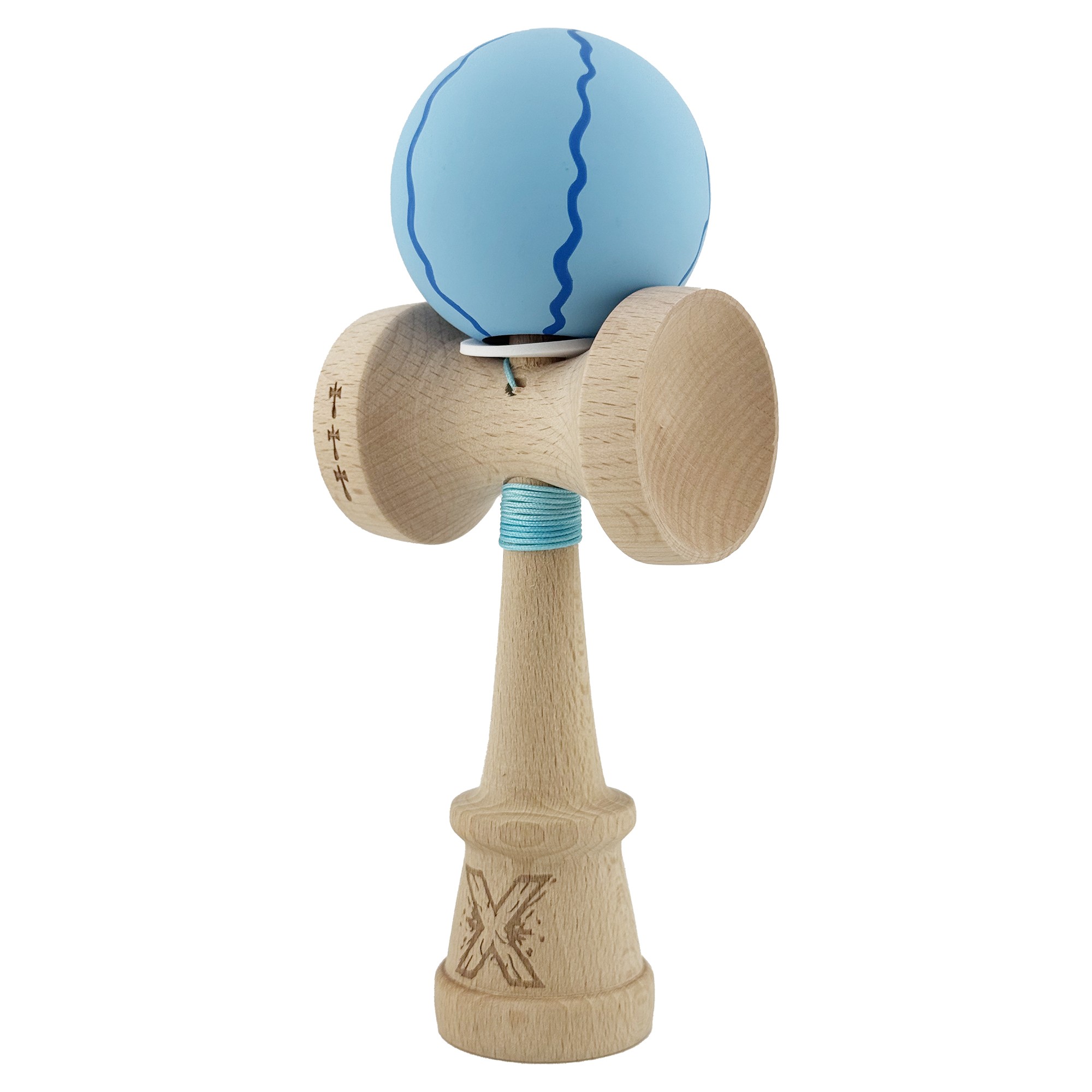 Kendama X Originala, Profesionala, Flippy, Rubber Grip, Cupe Mari KING SIZE V3, Gaura in Baza, Rulment Metalic, din lemn 18 cm, Ata 62/65 cm, Special Albastru deschis