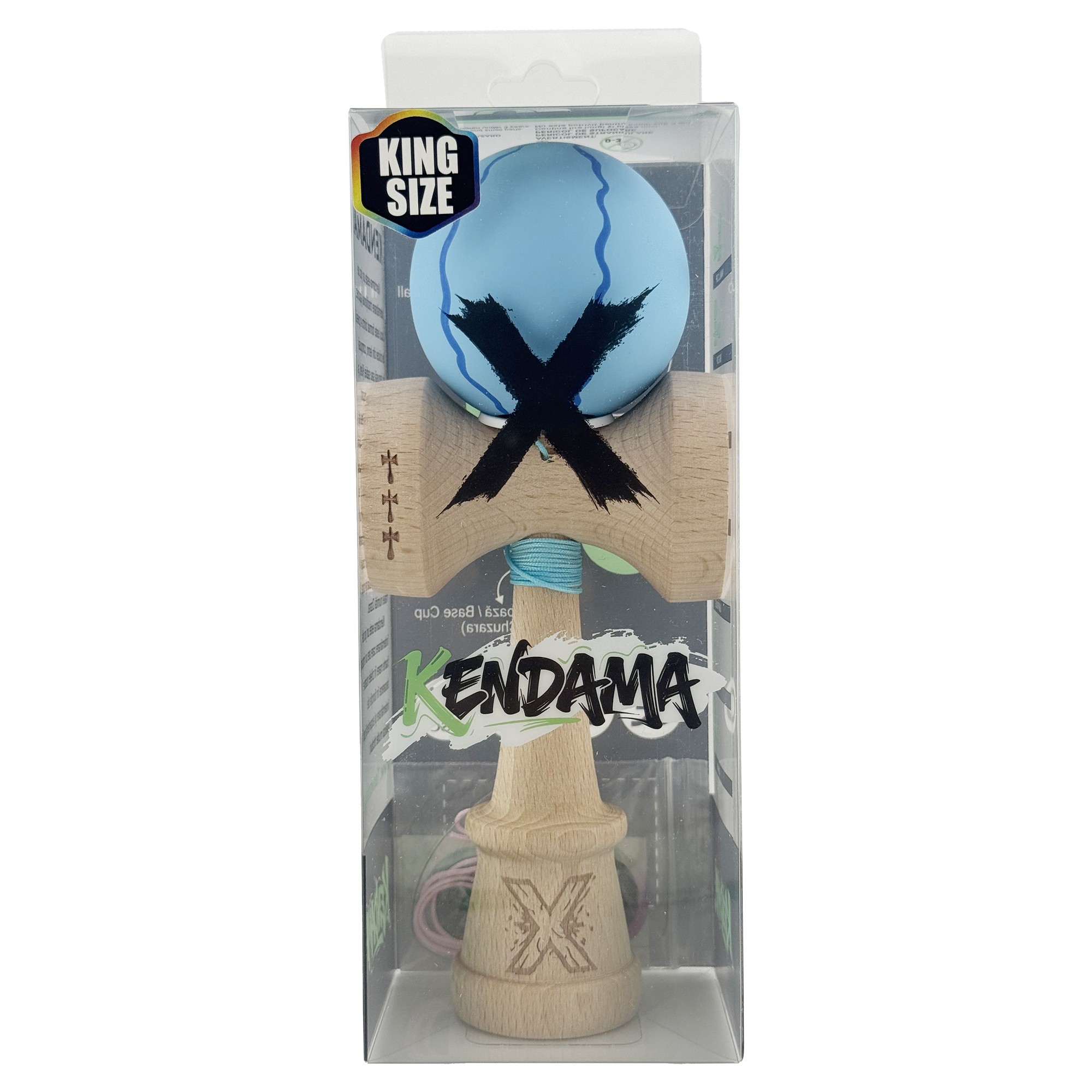 Kendama X Originala, Profesionala, Flippy, Rubber Grip, Cupe Mari KING SIZE V3, Gaura in Baza, Rulment Metalic, din lemn 18 cm, Ata 62/65 cm, Special Albastru deschis