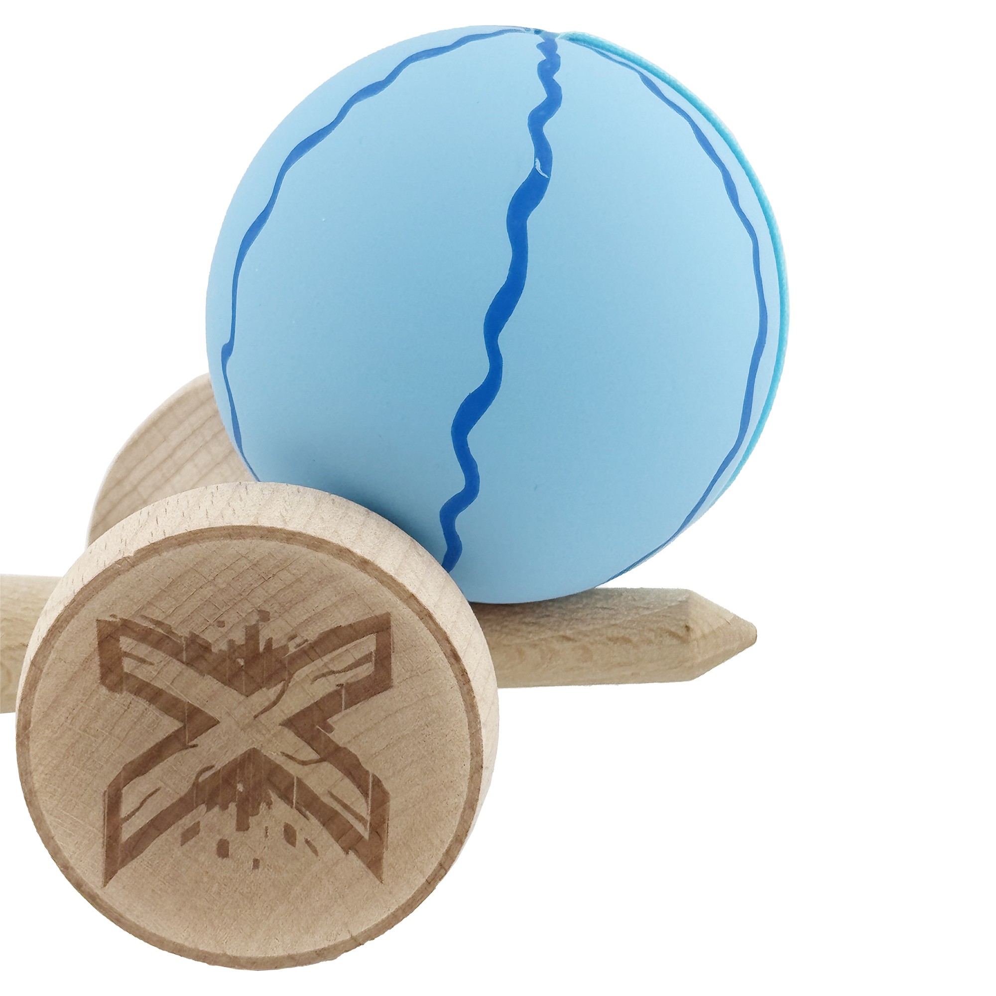 Kendama X Originala, Profesionala, Flippy, Rubber Grip, Cupe Mari KING SIZE V3, Gaura in Baza, Rulment Metalic, din lemn 18 cm, Ata 62/65 cm, Special Albastru deschis