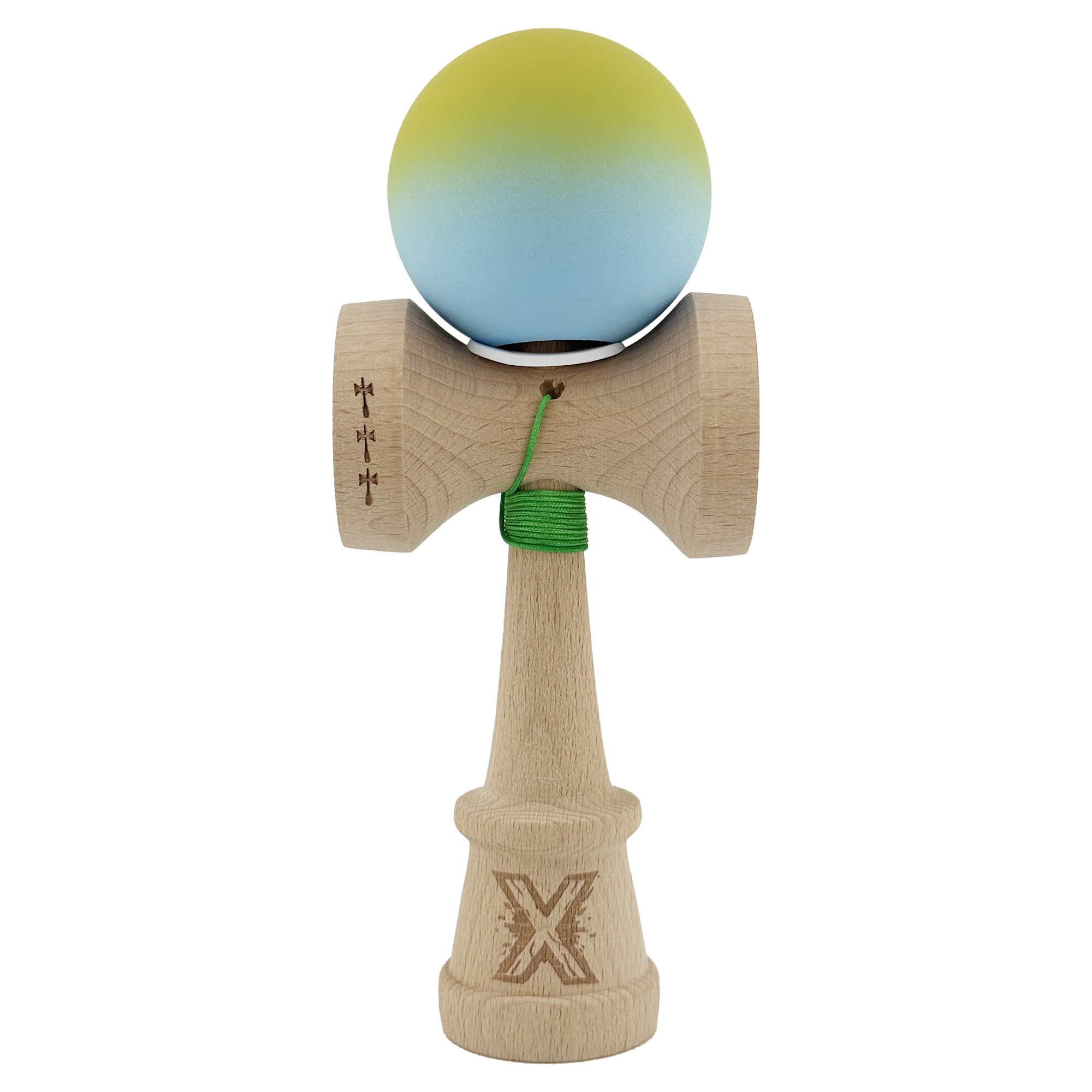 Kendama X Originala, Profesionala, Flippy, Rubber Grip, Cupe Mari KING SIZE V3, Gaura in Baza, Rulment Metalic, din lemn 18 cm, Ata 62/65 cm, Gradient Galben/Albastru deschis