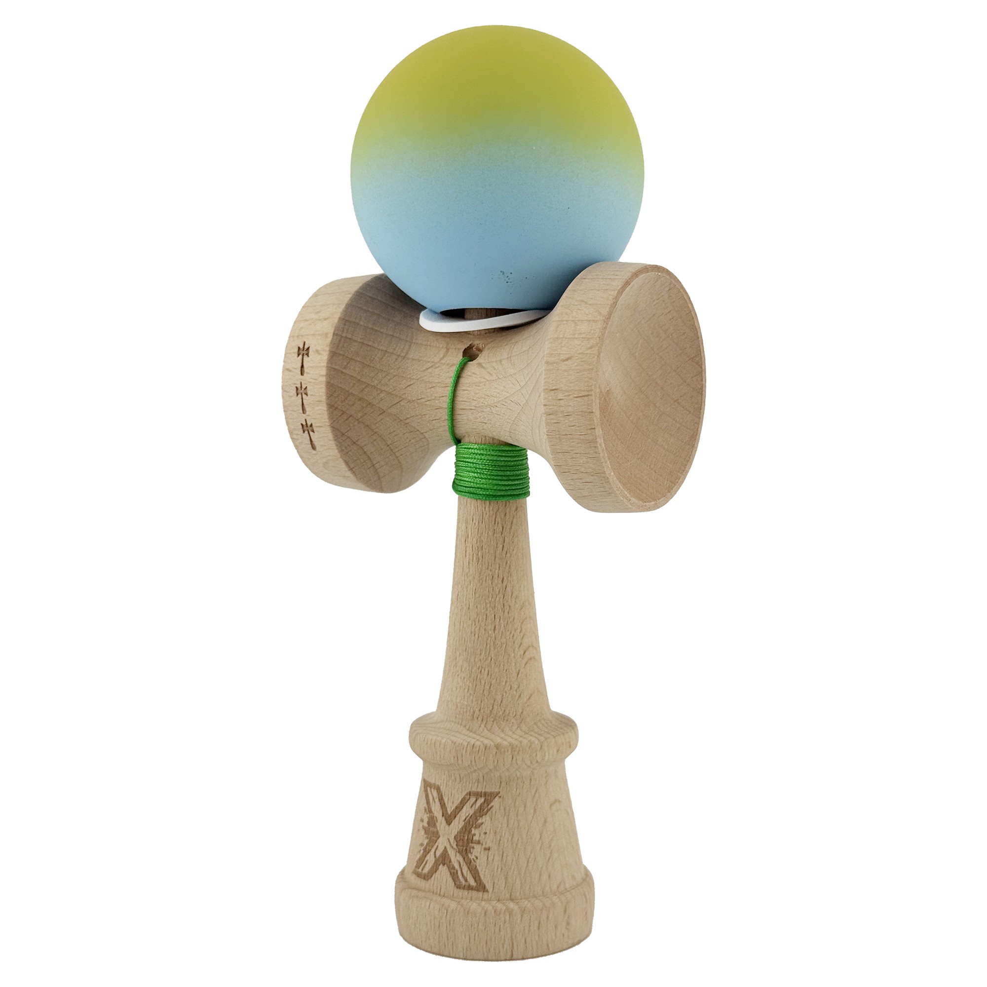 Kendama X Originala, Profesionala, Flippy, Rubber Grip, Cupe Mari KING SIZE V3, Gaura in Baza, Rulment Metalic, din lemn 18 cm, Ata 62/65 cm, Gradient Galben/Albastru deschis