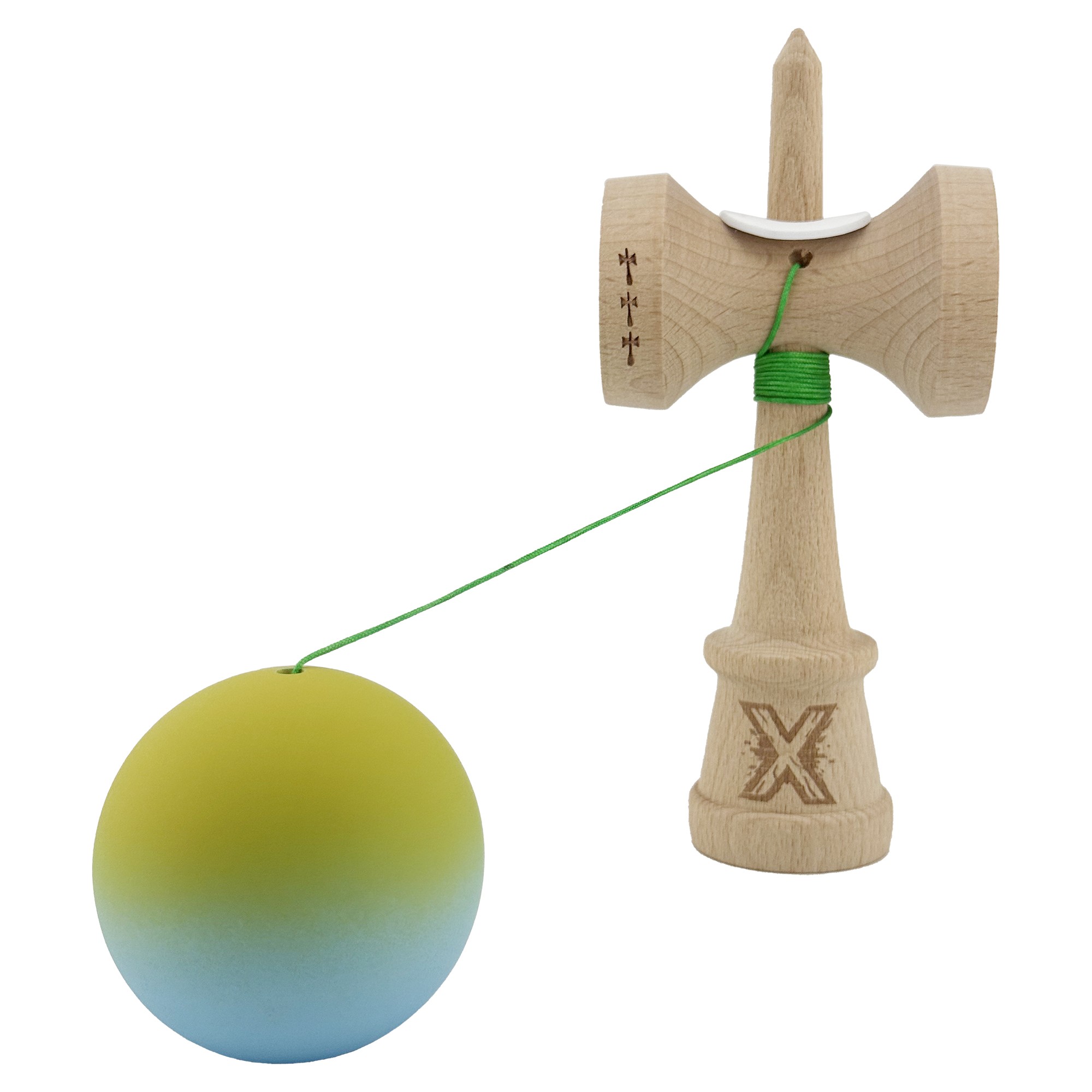 Kendama X Originala, Profesionala, Flippy, Rubber Grip, Cupe Mari KING SIZE V3, Gaura in Baza, Rulment Metalic, din lemn 18 cm, Ata 62/65 cm, Gradient Galben/Albastru deschis