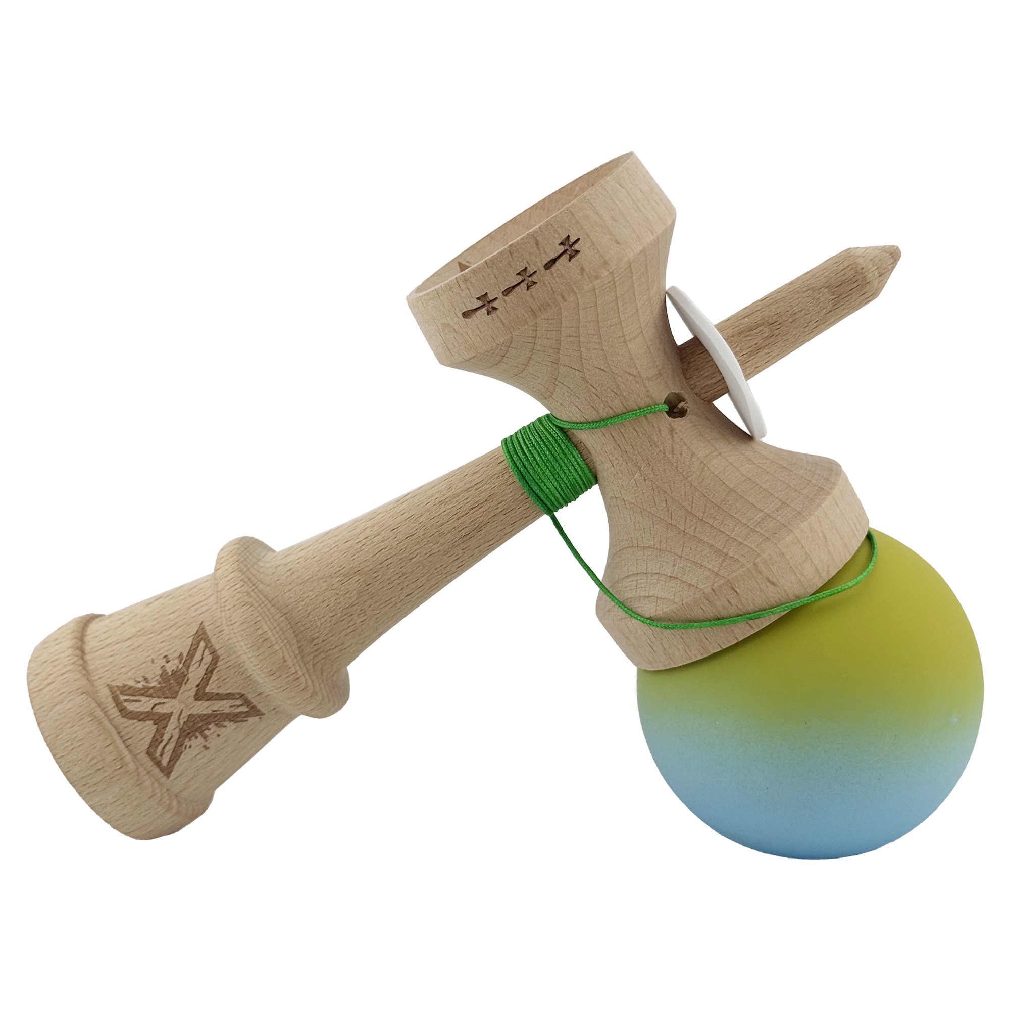 Kendama X Originala, Profesionala, Flippy, Rubber Grip, Cupe Mari KING SIZE V3, Gaura in Baza, Rulment Metalic, din lemn 18 cm, Ata 62/65 cm, Gradient Galben/Albastru deschis