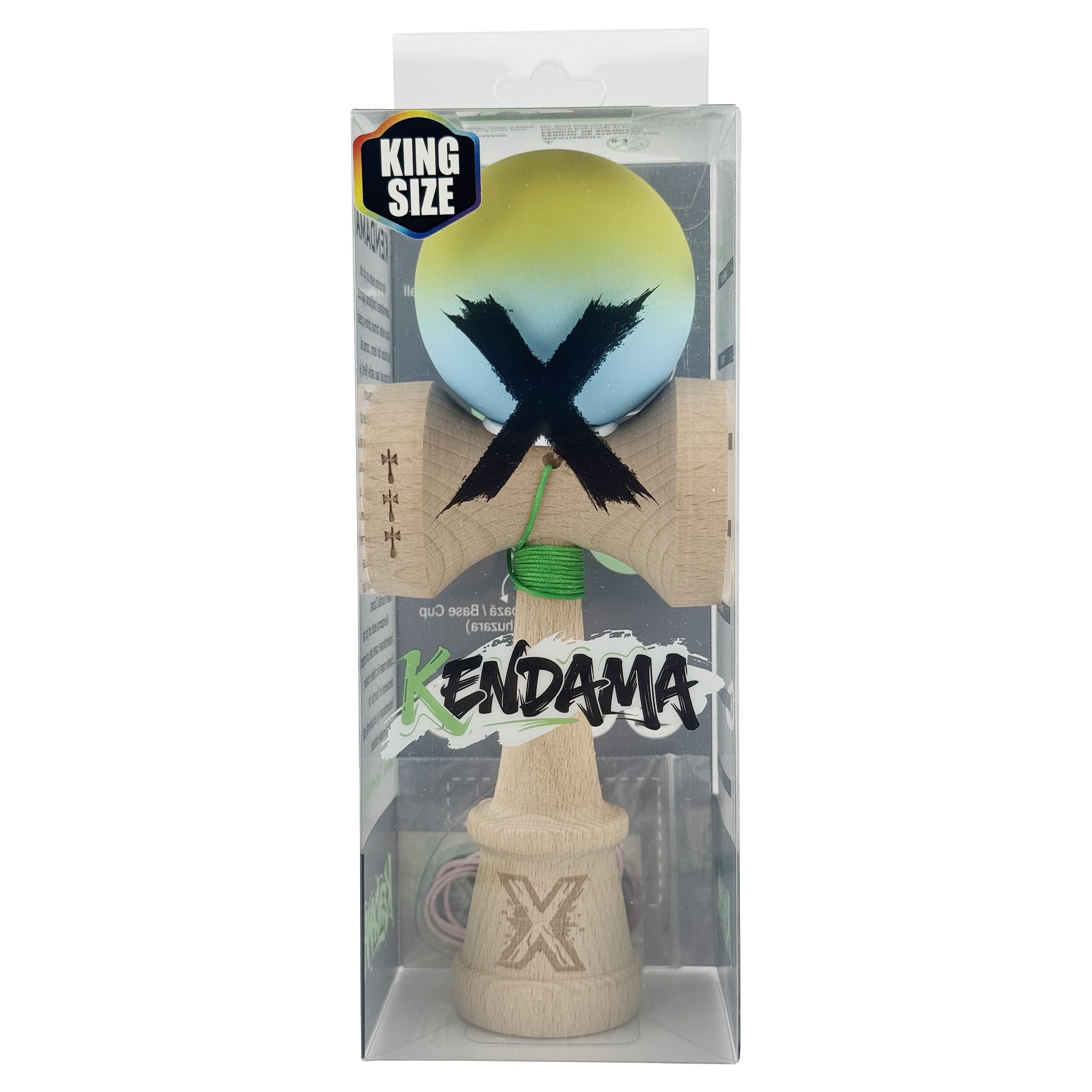 Kendama X Originala, Profesionala, Flippy, Rubber Grip, Cupe Mari KING SIZE V3, Gaura in Baza, Rulment Metalic, din lemn 18 cm, Ata 62/65 cm, Gradient Galben/Albastru deschis