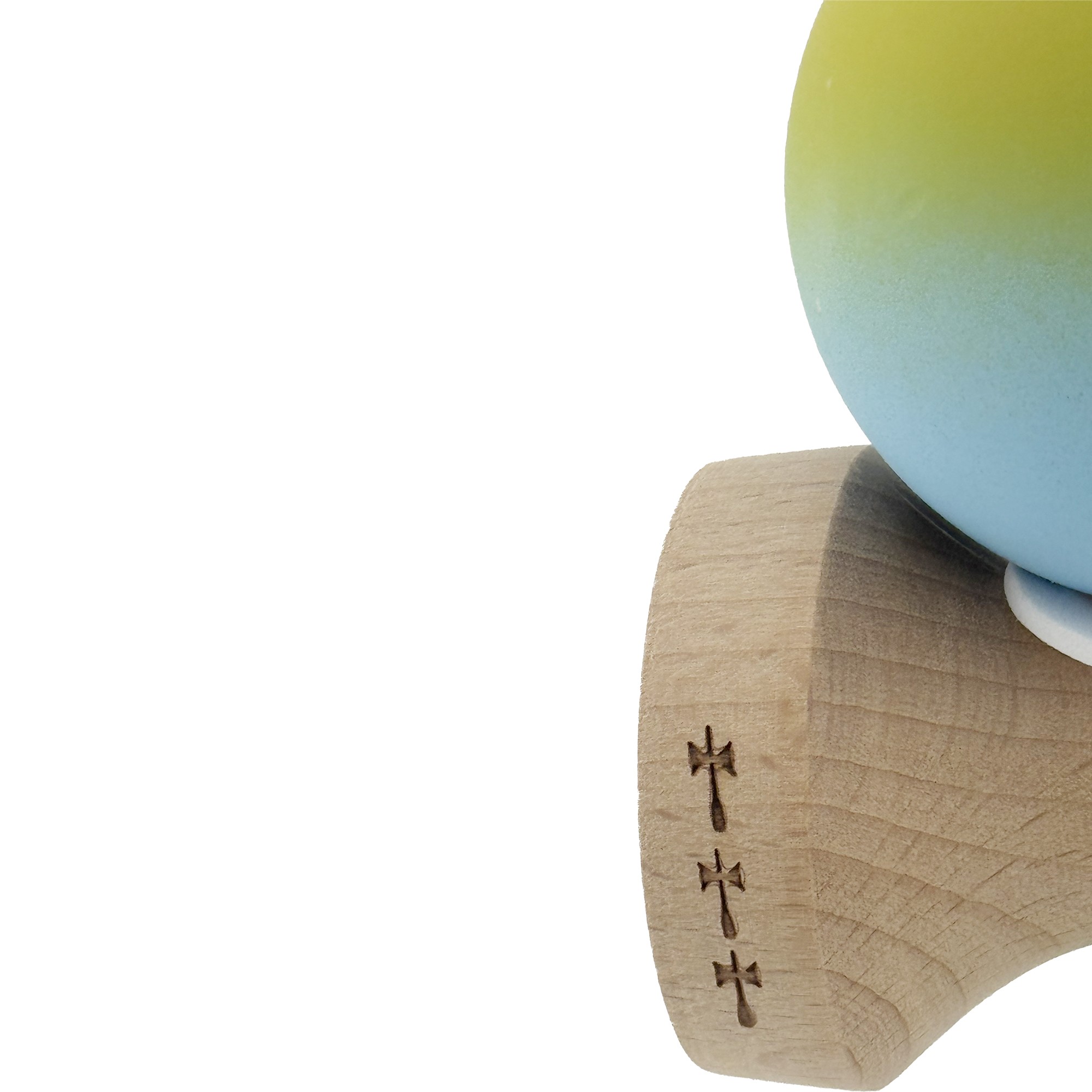 Kendama X Originala, Profesionala, Flippy, Rubber Grip, Cupe Mari KING SIZE V3, Gaura in Baza, Rulment Metalic, din lemn 18 cm, Ata 62/65 cm, Gradient Galben/Albastru deschis