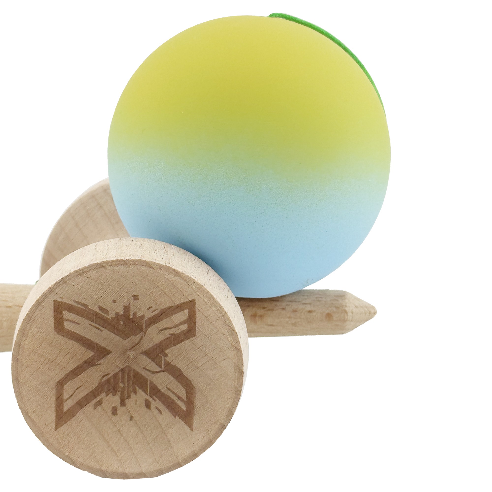 Kendama X Originala, Profesionala, Flippy, Rubber Grip, Cupe Mari KING SIZE V3, Gaura in Baza, Rulment Metalic, din lemn 18 cm, Ata 62/65 cm, Gradient Galben/Albastru deschis