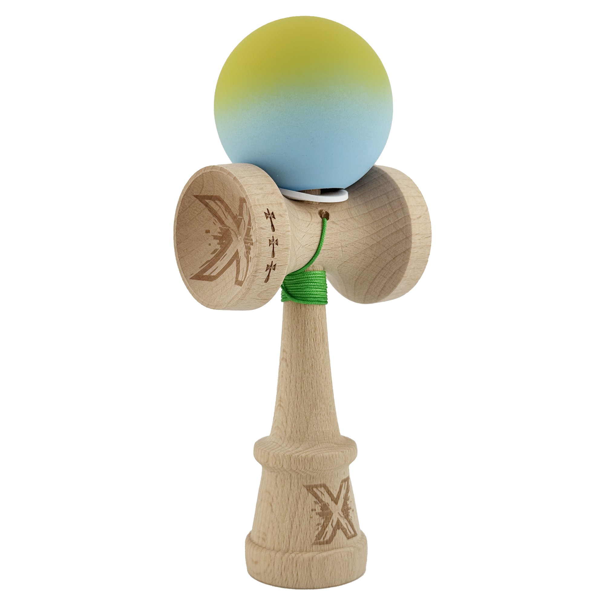 Kendama X Originala, Profesionala, Flippy, Rubber Grip, Cupe Mari KING SIZE V3, Gaura in Baza, Rulment Metalic, din lemn 18 cm, Ata 62/65 cm, Gradient Galben/Albastru deschis