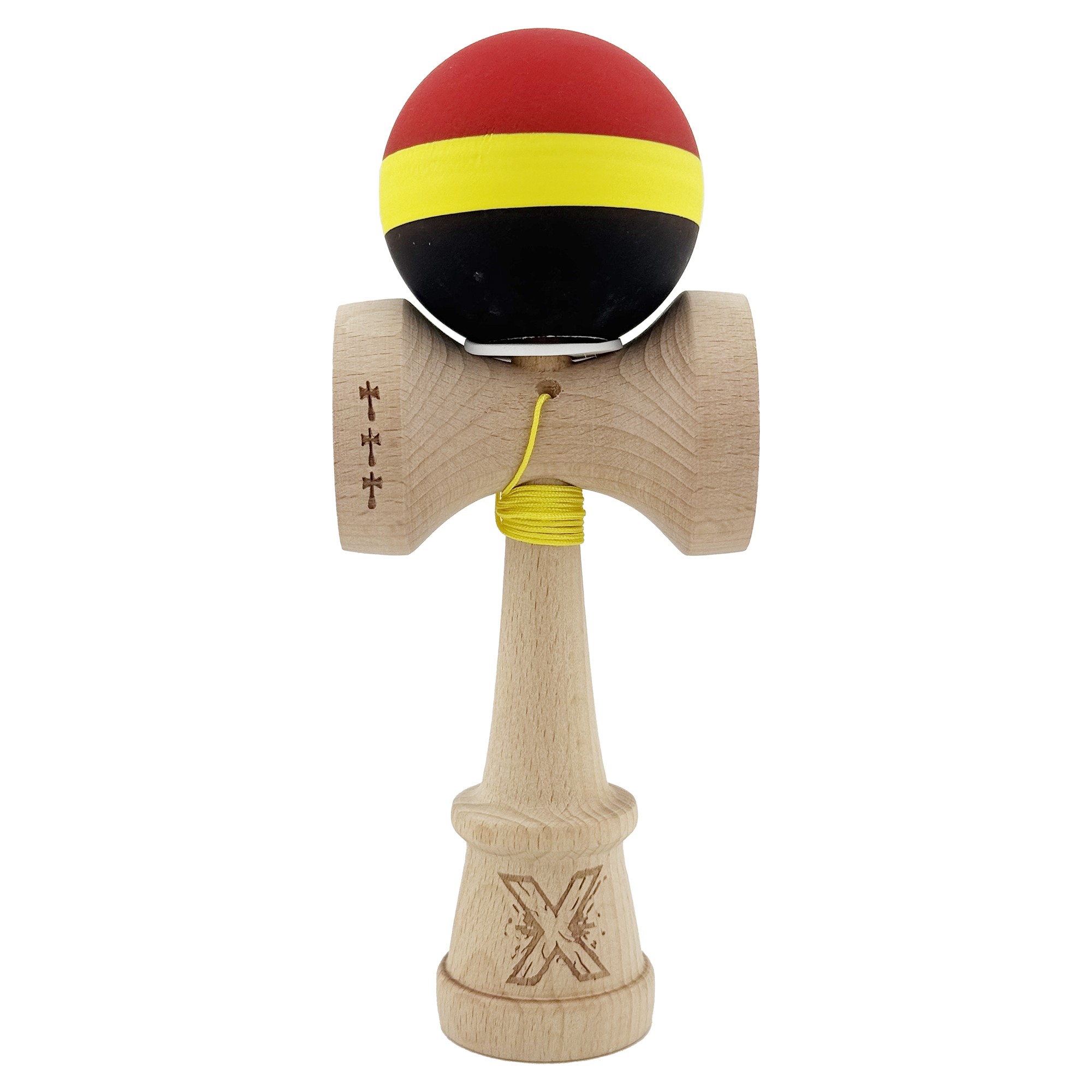 Kendama X Originala, Profesionala, Flippy, Cupe Mari KING SIZE V3, Rubber Grip, Gaura in Baza, Rulment Metalic, din lemn 18 cm, Ata 55 cm, M Rosu/Galben/Negru