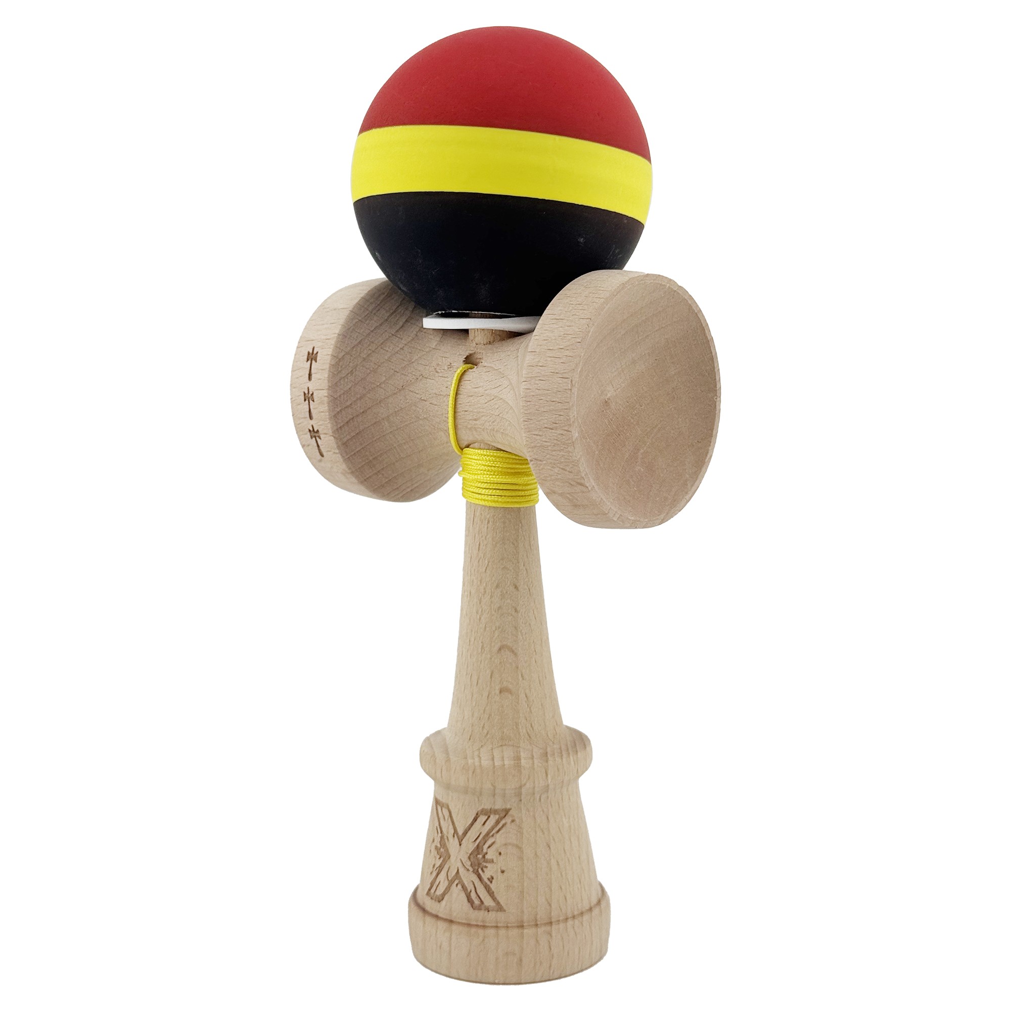 Kendama X Originala, Profesionala, Flippy, Cupe Mari KING SIZE V3, Rubber Grip, Gaura in Baza, Rulment Metalic, din lemn 18 cm, Ata 55 cm, M Rosu/Galben/Negru
