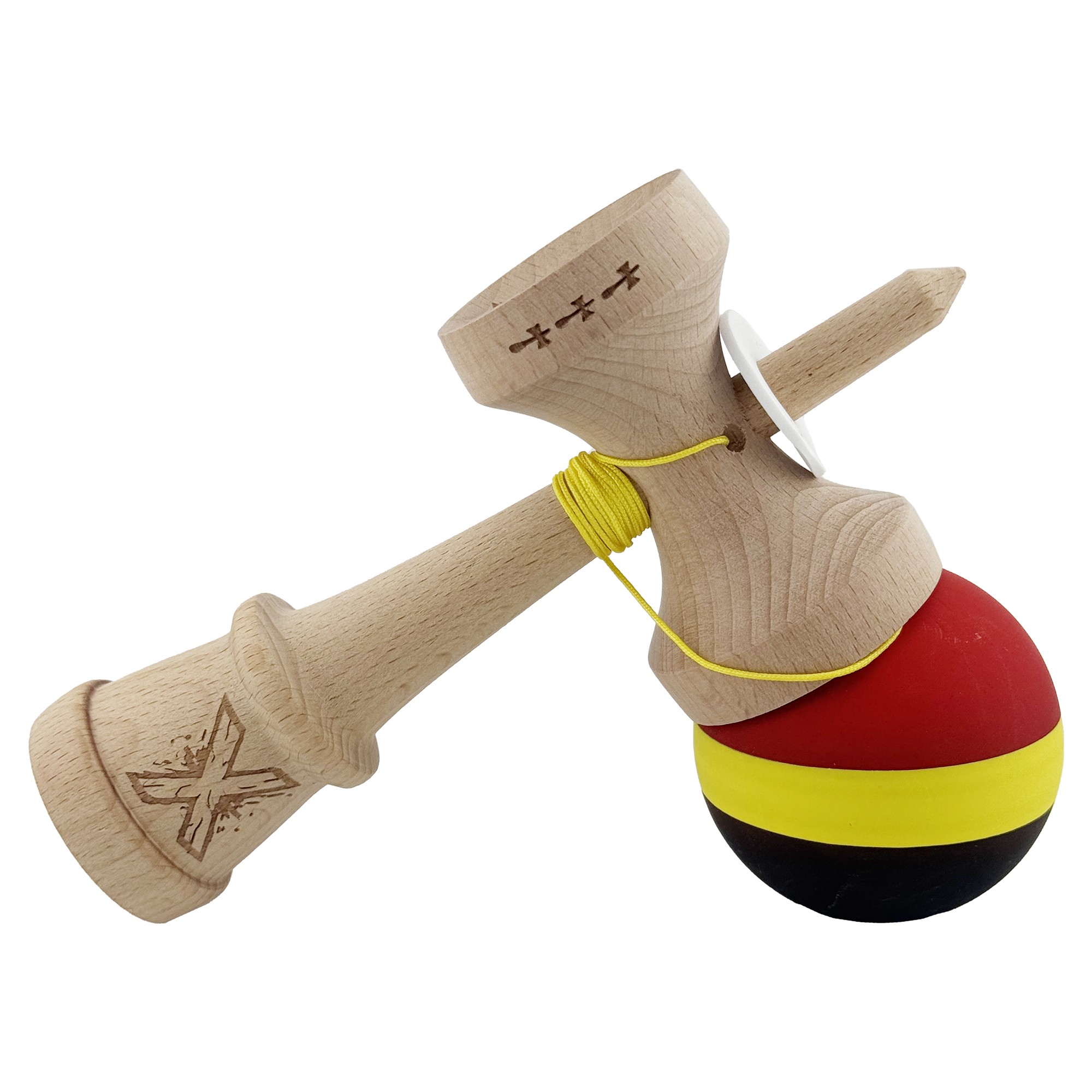 Kendama X Originala, Profesionala, Flippy, Cupe Mari KING SIZE V3, Rubber Grip, Gaura in Baza, Rulment Metalic, din lemn 18 cm, Ata 55 cm, M Rosu/Galben/Negru