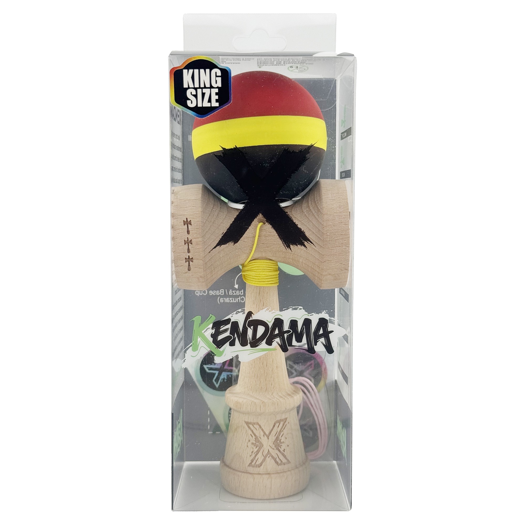 Kendama X Originala, Profesionala, Flippy, Cupe Mari KING SIZE V3, Rubber Grip, Gaura in Baza, Rulment Metalic, din lemn 18 cm, Ata 55 cm, M Rosu/Galben/Negru
