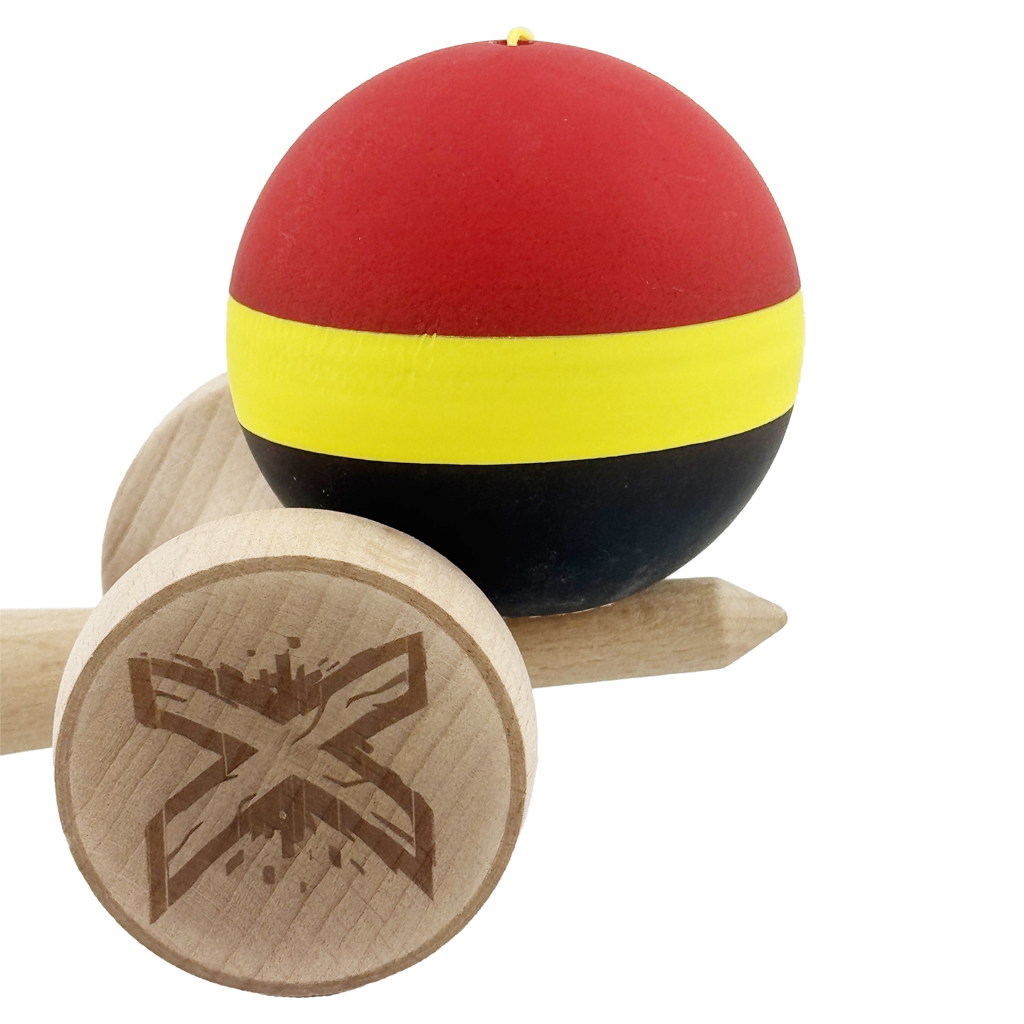 Kendama X Originala, Profesionala, Flippy, Cupe Mari KING SIZE V3, Rubber Grip, Gaura in Baza, Rulment Metalic, din lemn 18 cm, Ata 55 cm, M Rosu/Galben/Negru