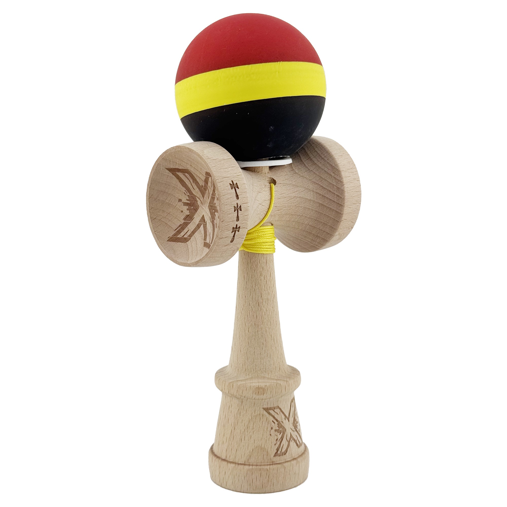 Kendama X Originala, Profesionala, Flippy, Cupe Mari KING SIZE V3, Rubber Grip, Gaura in Baza, Rulment Metalic, din lemn 18 cm, Ata 55 cm, M Rosu/Galben/Negru