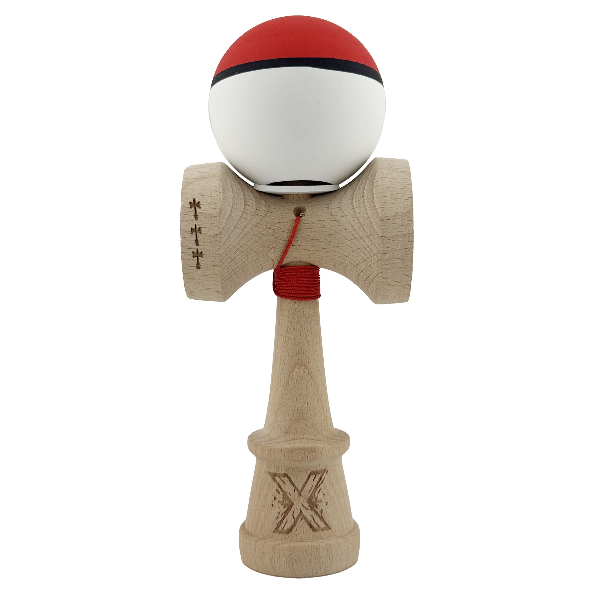 Kendama X Originala, Profesionala, Flippy, Cupe Mari KING SIZE V3, Rubber Grip, Gaura in Baza, Rulment Metalic, din lemn 18 cm, Ata 62/65 cm, S Bicolor Rosu/Alb