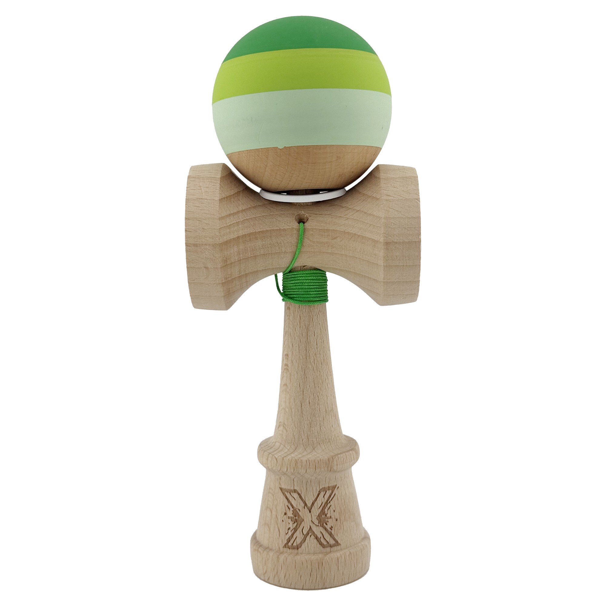 Kendama X Originala, Profesionala, Flippy, Rubber Grip, Cupe Mari KING SIZE V3, Gaura in Baza, Rulment Metalic, din lemn 18 cm, Ata 62/65 cm, Special Verde degrade
