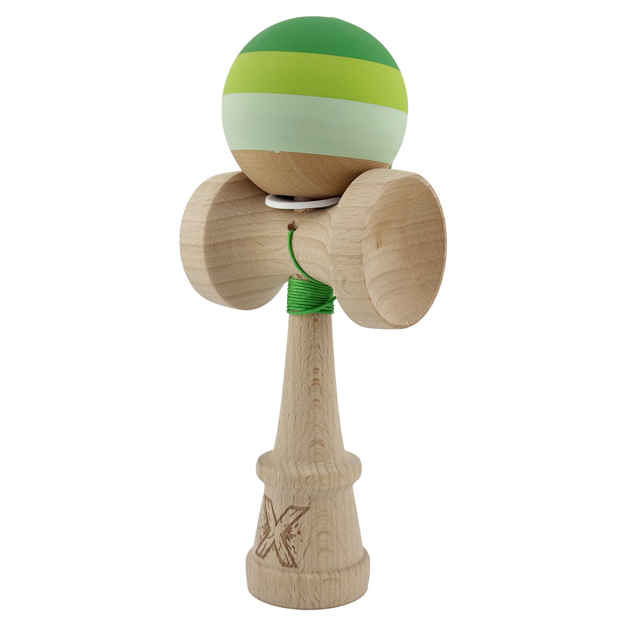 Kendama X Originala, Profesionala, Flippy, Rubber Grip, Cupe Mari KING SIZE V3, Gaura in Baza, Rulment Metalic, din lemn 18 cm, Ata 62/65 cm, Special Verde degrade