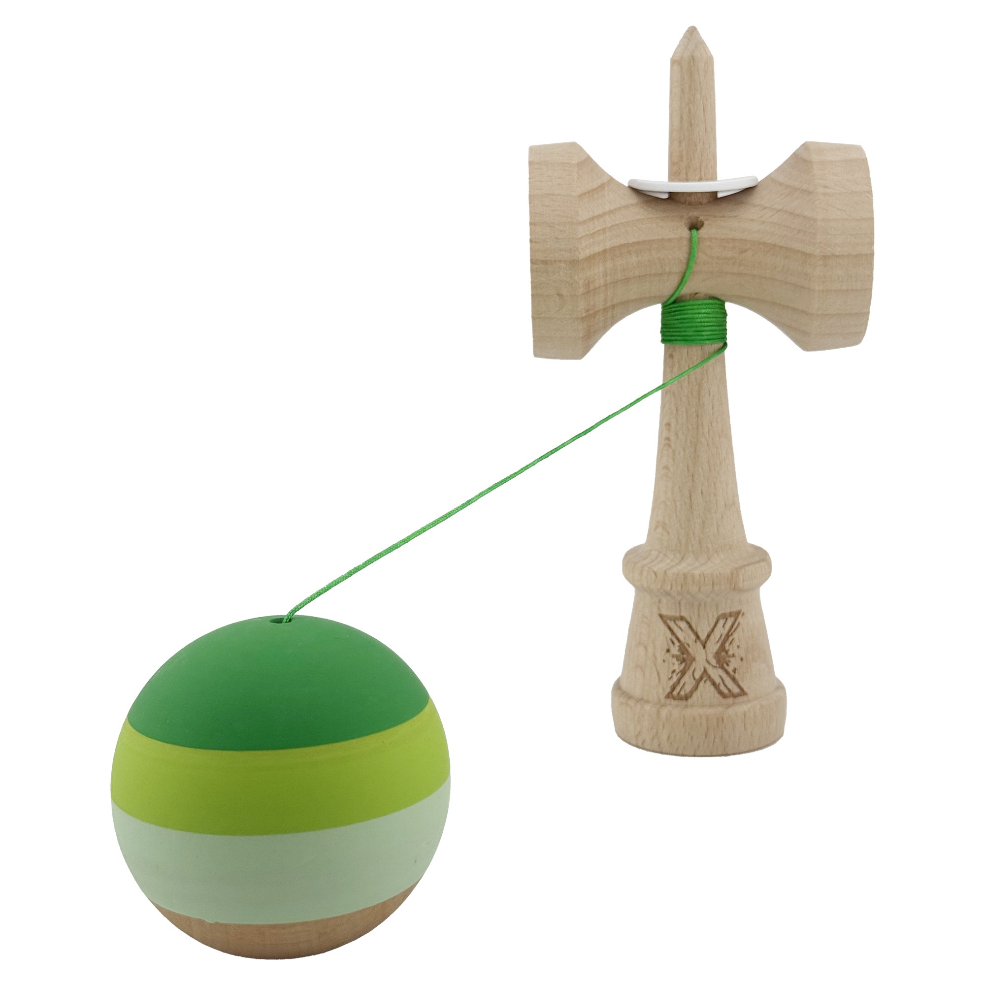 Kendama X Originala, Profesionala, Flippy, Rubber Grip, Cupe Mari KING SIZE V3, Gaura in Baza, Rulment Metalic, din lemn 18 cm, Ata 62/65 cm, Special Verde degrade