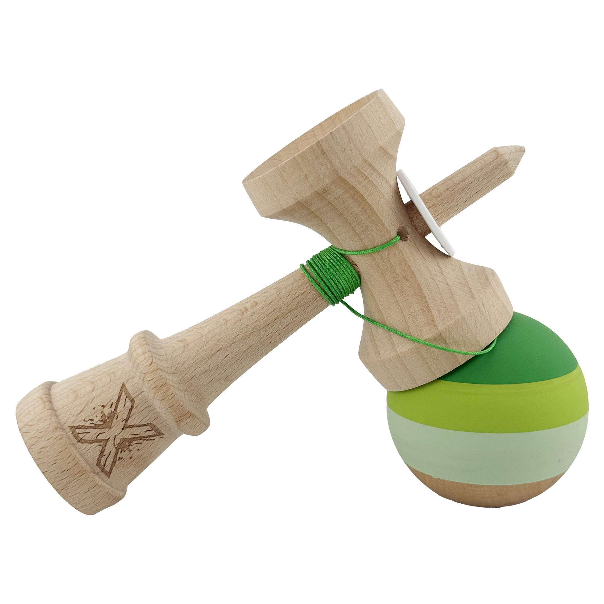 Kendama X Originala, Profesionala, Flippy, Rubber Grip, Cupe Mari KING SIZE V3, Gaura in Baza, Rulment Metalic, din lemn 18 cm, Ata 62/65 cm, Special Verde degrade
