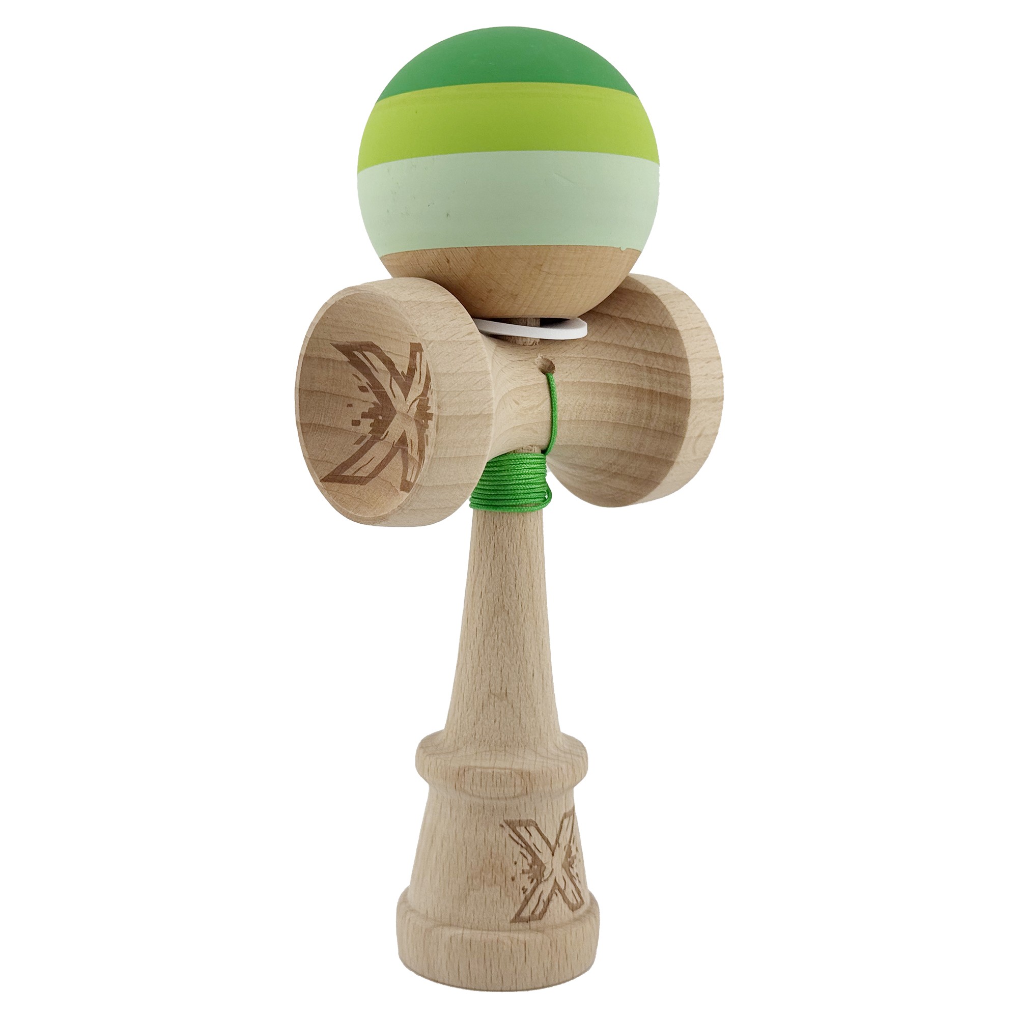 Kendama X Originala, Profesionala, Flippy, Rubber Grip, Cupe Mari KING SIZE V3, Gaura in Baza, Rulment Metalic, din lemn 18 cm, Ata 62/65 cm, Special Verde degrade