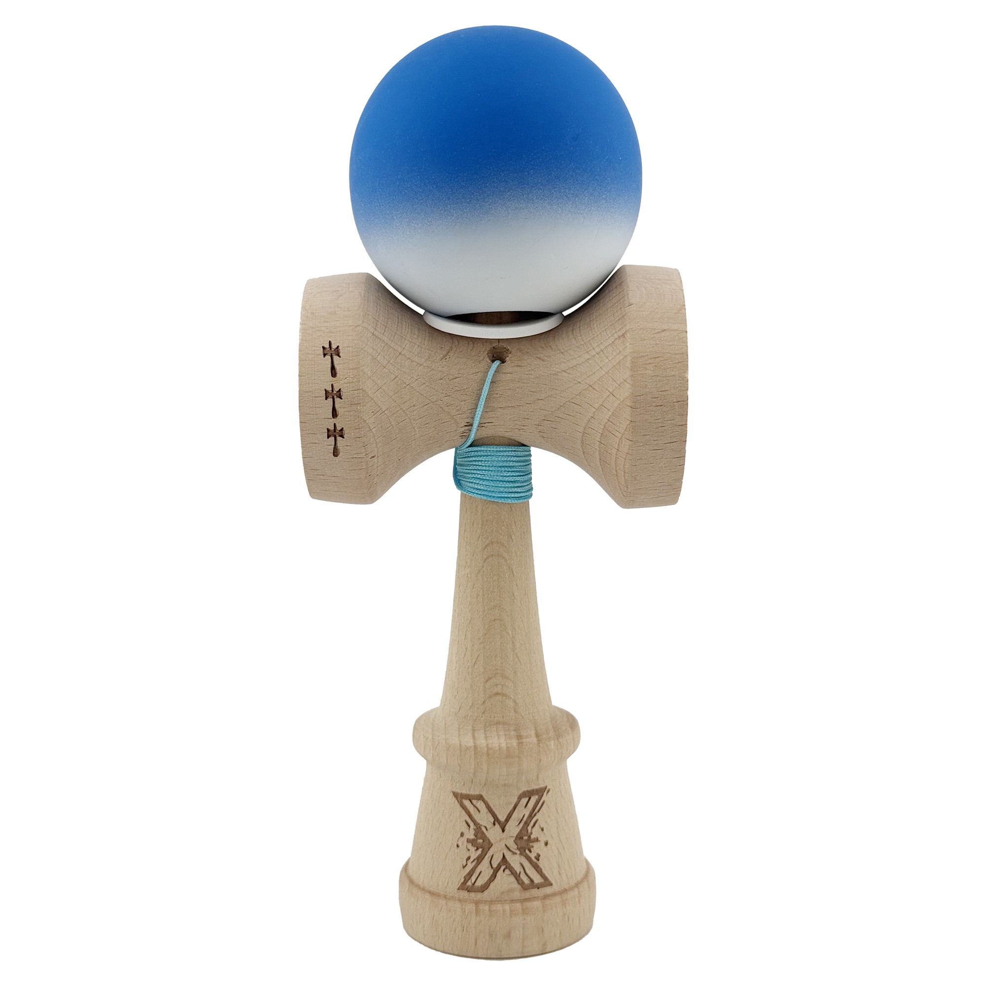 Kendama X Originala, Profesionala, Flippy, Rubber Grip, Cupe Mari KING SIZE V3, Gaura in Baza, Rulment Metalic, din lemn 18 cm, Ata 62/65 cm, Gradient Albastru/Alb