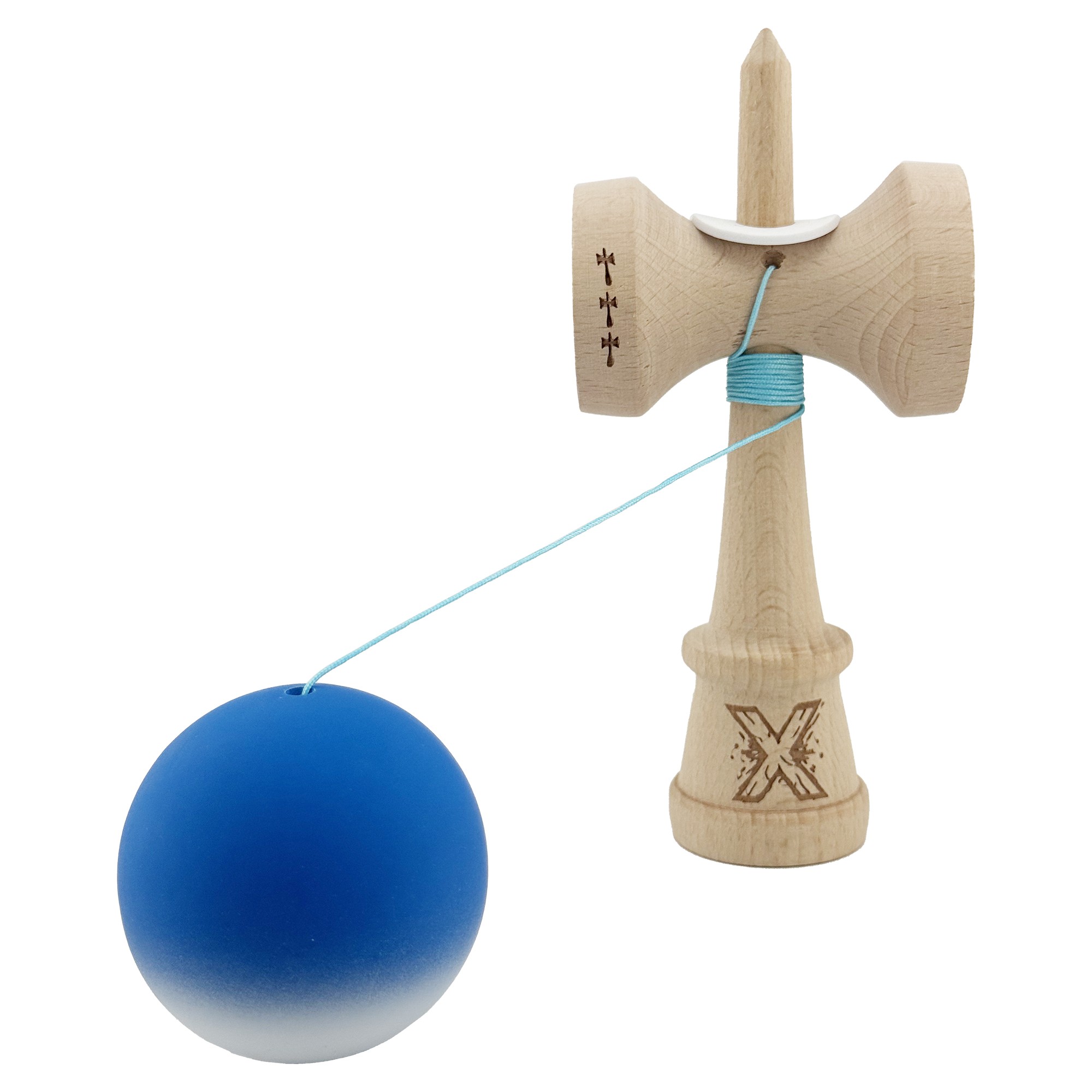 Kendama X Originala, Profesionala, Flippy, Rubber Grip, Cupe Mari KING SIZE V3, Gaura in Baza, Rulment Metalic, din lemn 18 cm, Ata 62/65 cm, Gradient Albastru/Alb