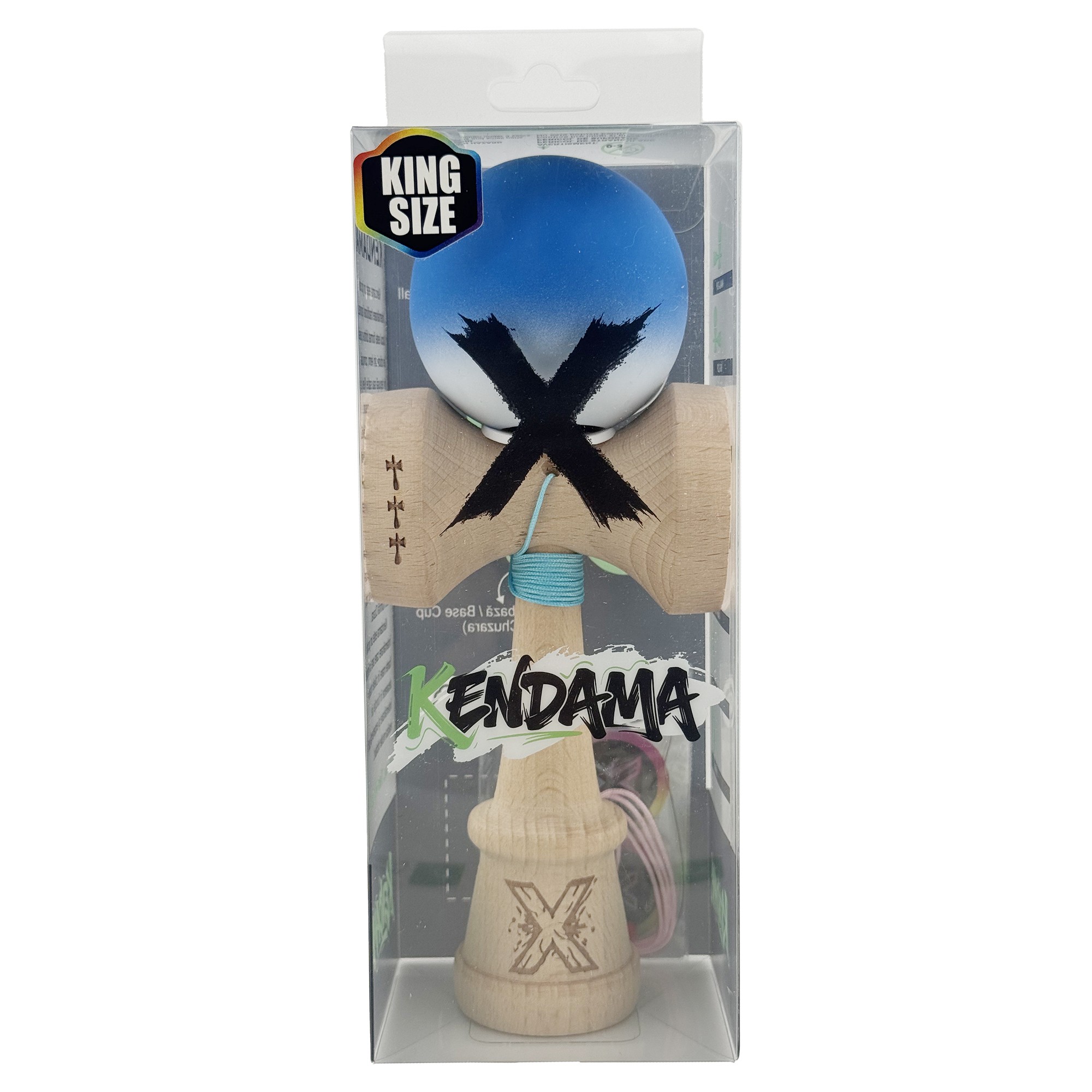 Kendama X Originala, Profesionala, Flippy, Rubber Grip, Cupe Mari KING SIZE V3, Gaura in Baza, Rulment Metalic, din lemn 18 cm, Ata 62/65 cm, Gradient Albastru/Alb