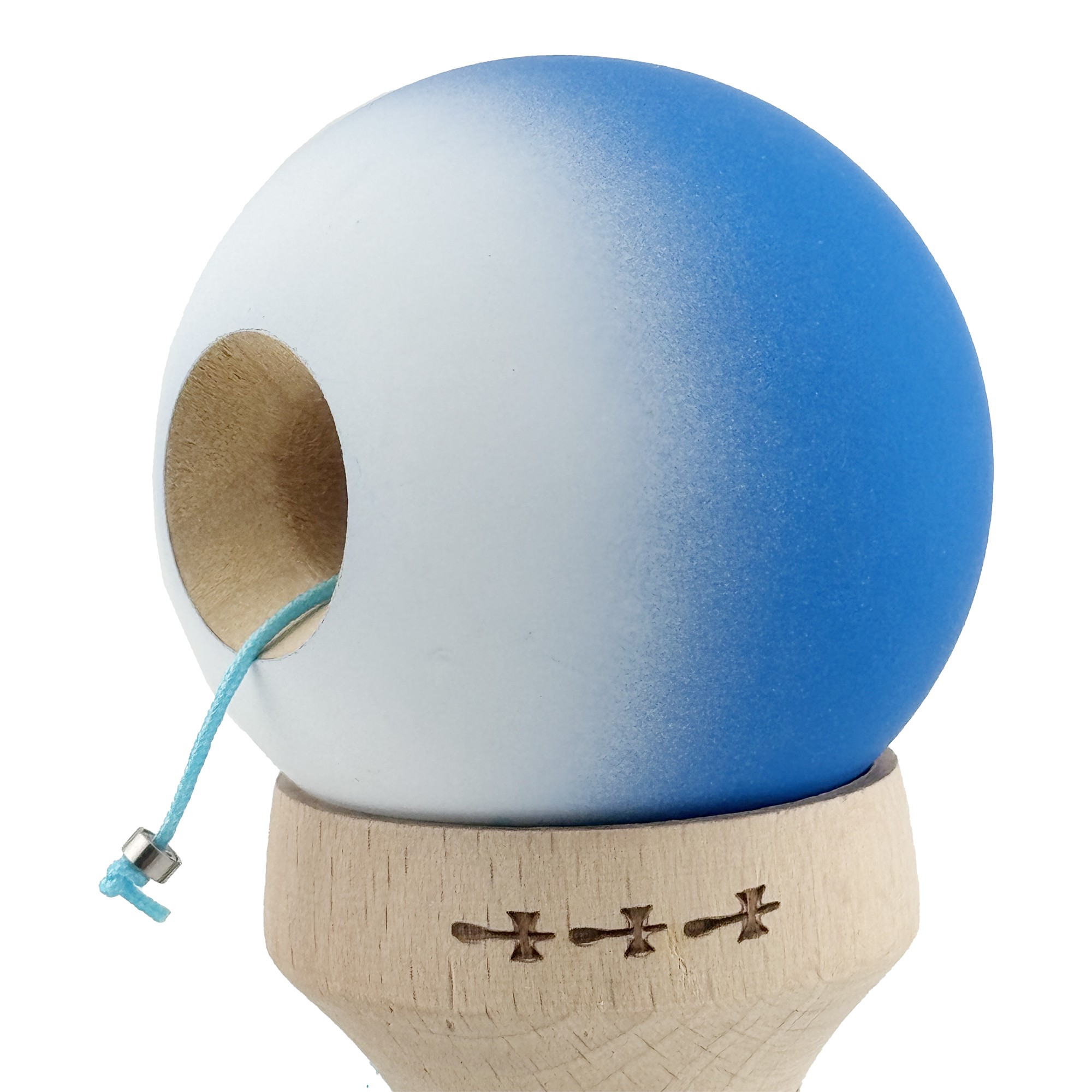 Kendama X Originala, Profesionala, Flippy, Rubber Grip, Cupe Mari KING SIZE V3, Gaura in Baza, Rulment Metalic, din lemn 18 cm, Ata 62/65 cm, Gradient Albastru/Alb