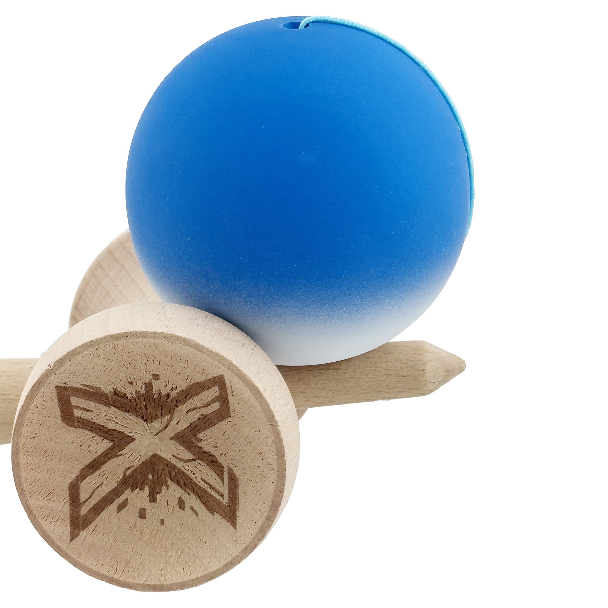 Kendama X Originala, Profesionala, Flippy, Rubber Grip, Cupe Mari KING SIZE V3, Gaura in Baza, Rulment Metalic, din lemn 18 cm, Ata 62/65 cm, Gradient Albastru/Alb