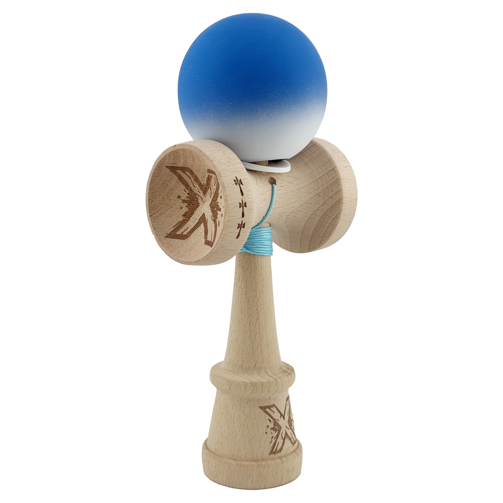Kendama X Originala, Profesionala, Flippy, Rubber Grip, Cupe Mari KING SIZE V3, Gaura in Baza, Rulment Metalic, din lemn 18 cm, Ata 62/65 cm, Gradient Albastru/Alb
